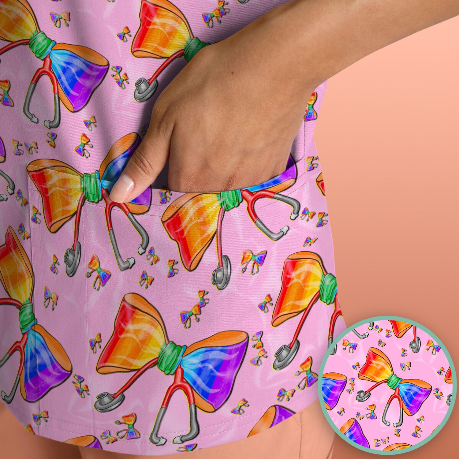 Colorful Rainbow Bow Stethoscope Pattern Scrub Top, Breathable Fabrics Nursing Uniform