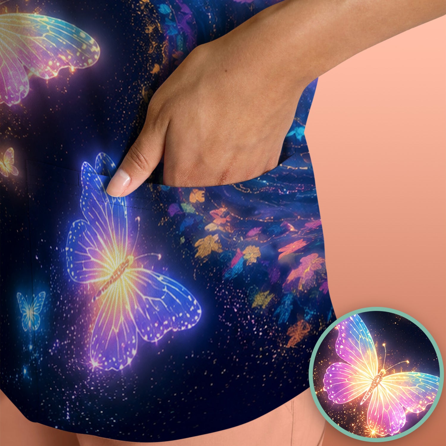 Neon Butterfly Galaxy Marble Print Scrub Top, Comfortable Scrubs for Nurses