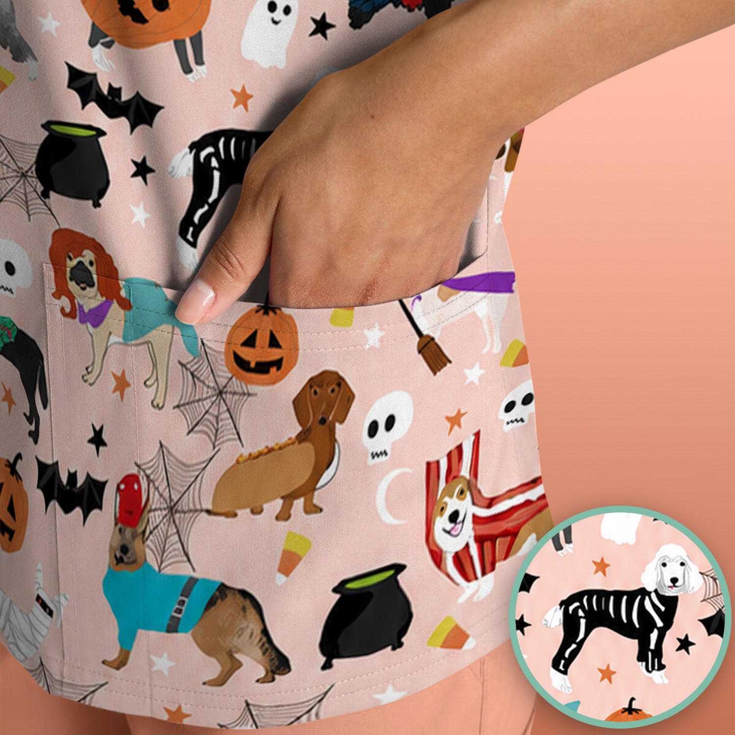 Halloween Costume Dogs Scrub Top, Comfortable Scrubs for Nurses