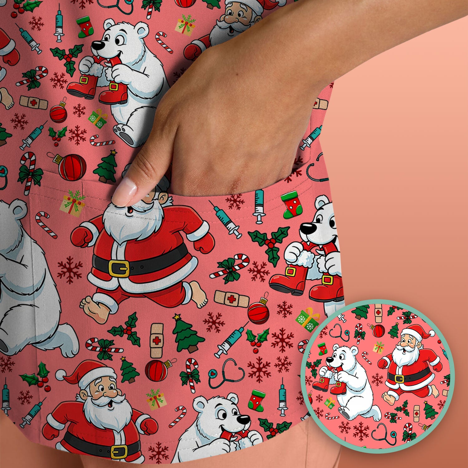 Christmas Santa & Polar Bear Scrub Top - Funny Holiday Nurse Shirt for Women - Cute Winter Medical Uniform