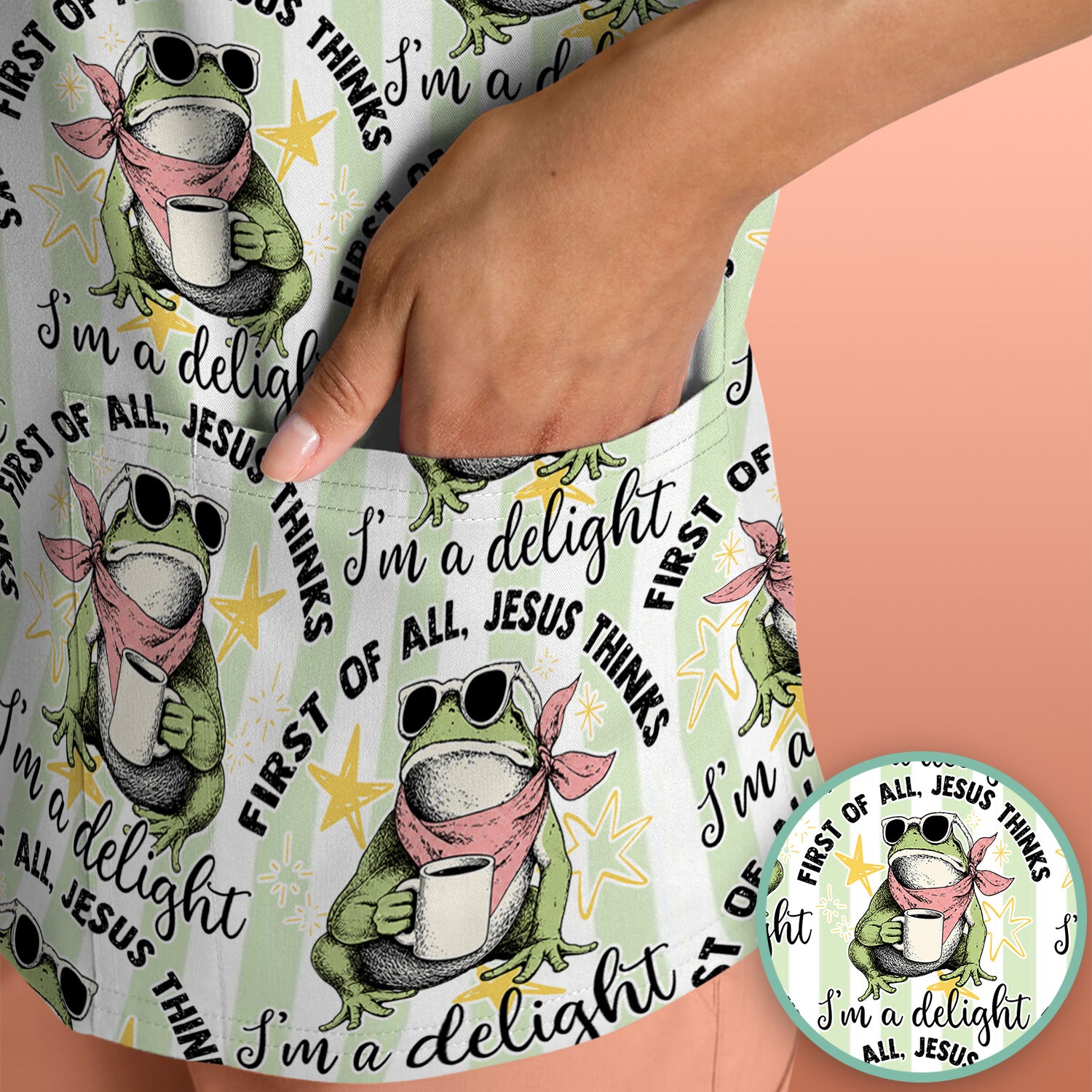 Funny Frog Coffee Quote Pattern Scrub Top, Comfortable Scrubs for Nurses