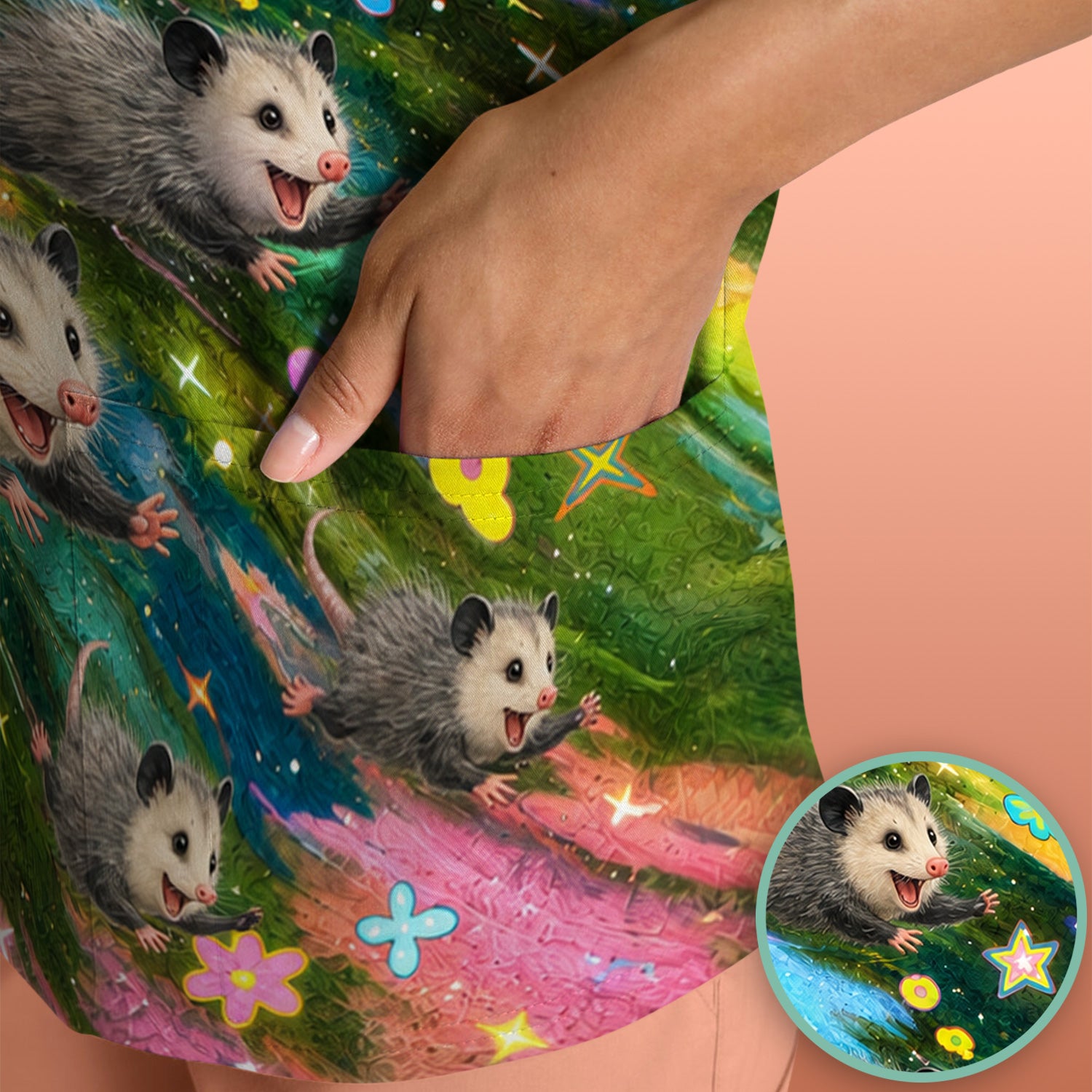 Colorful Opossum Rainbow Stars Print Scrub Top, Comfortable Scrubs for Nurses