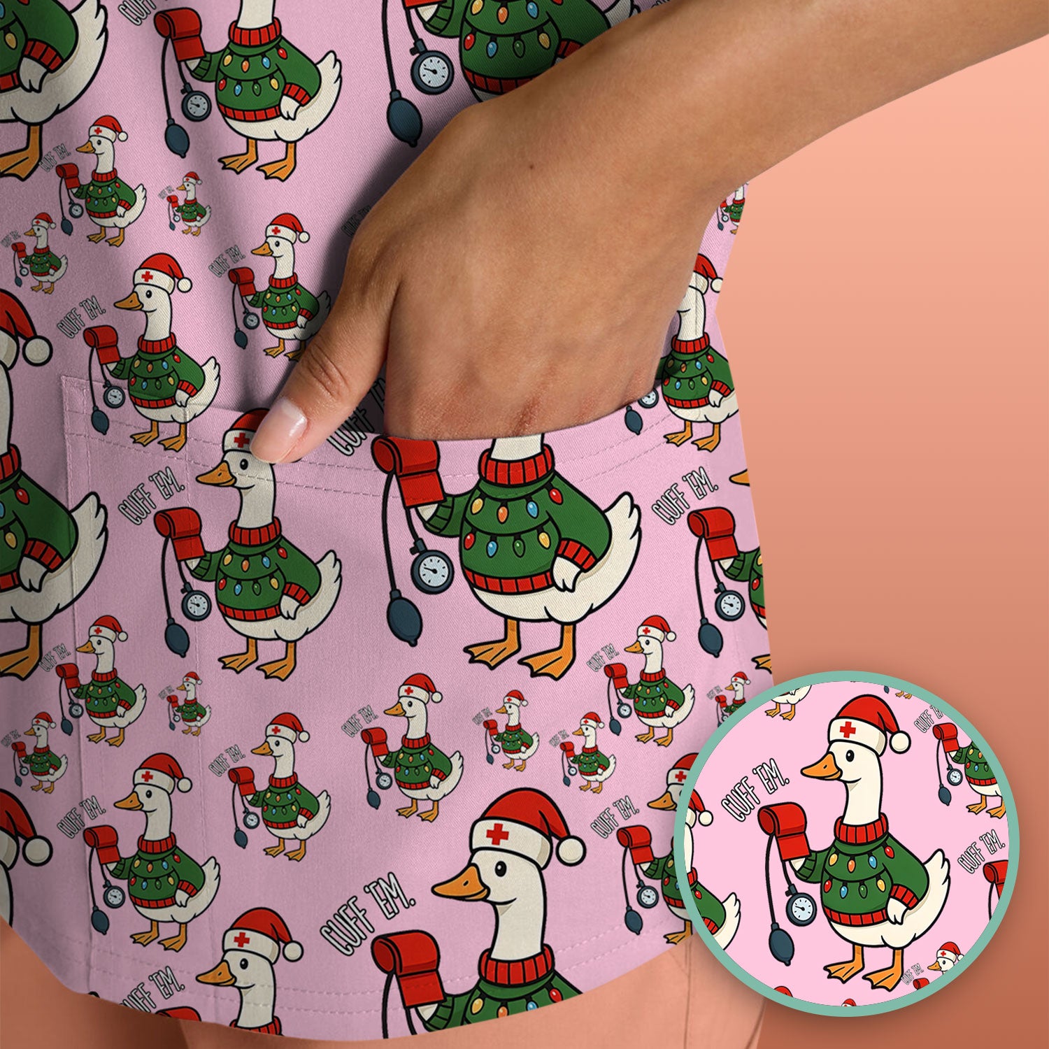 Nurse Christmas Duck Scrub Top, Cute Goose Pattern Scrub Shirt, RN LPN CNA Nursing Uniform