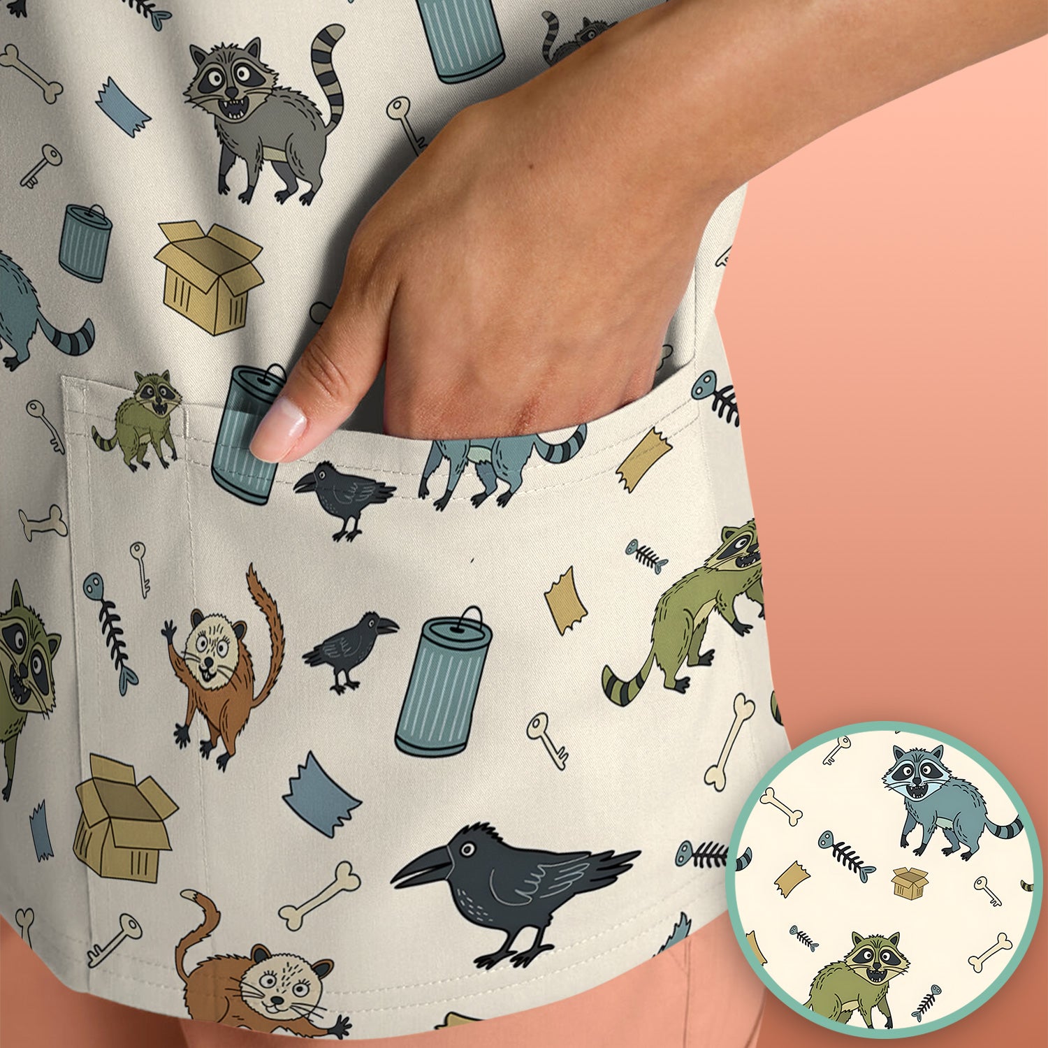 Funny Trash Raccoon Pattern Scrub Top, Comfortable Scrubs for Nurses