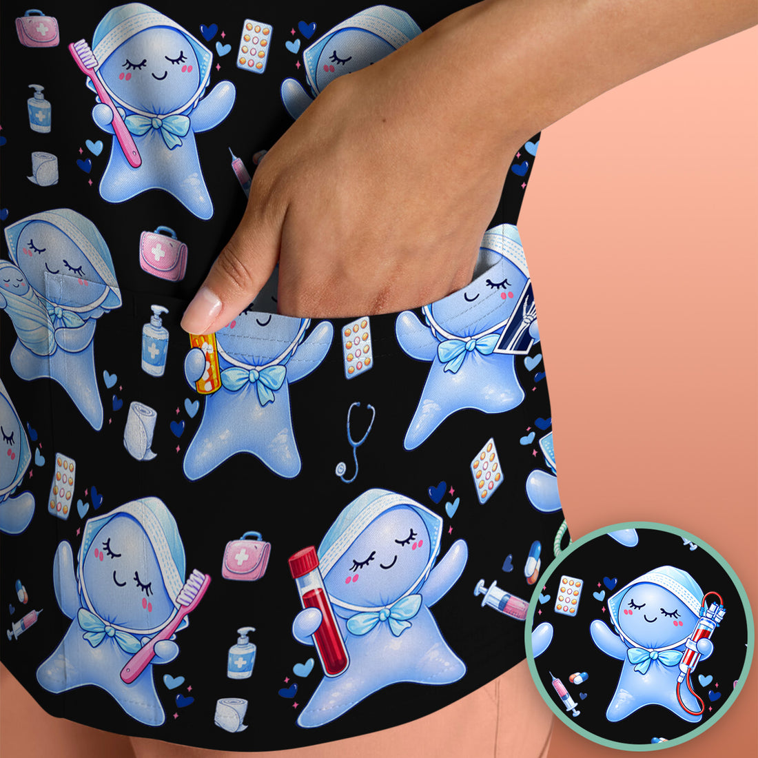 Cute Tooth Character Dental Tools Caring Pattern Scrub Top, Breathable Fabrics Nursing Uniform