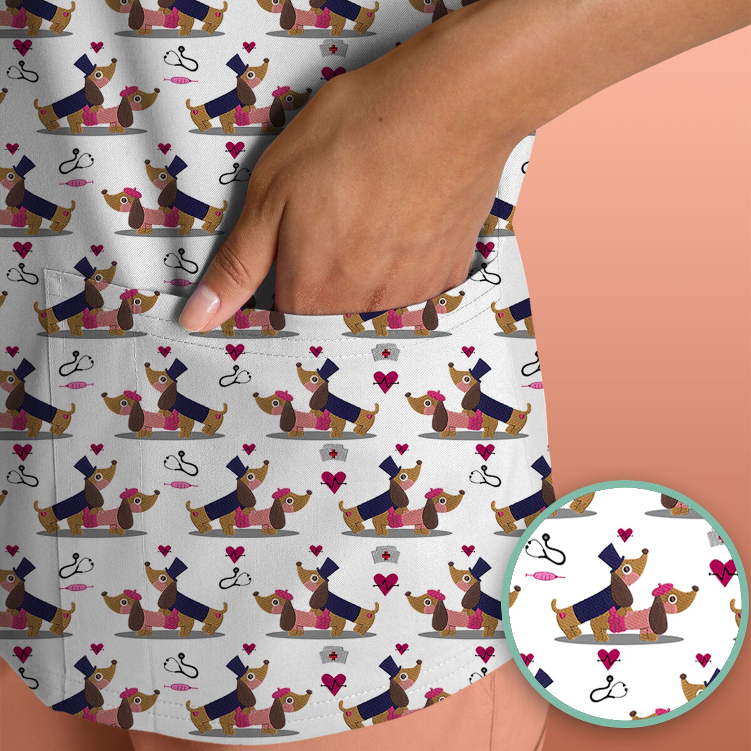 Cute Dachshund Valentine Nurse Scrub Top - Funny Gift for Women