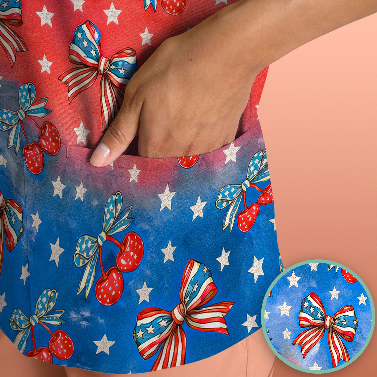 Festive Patriotic Star Bow Cherry Pattern Scrub Top, Comfortable Scrubs for Nurses