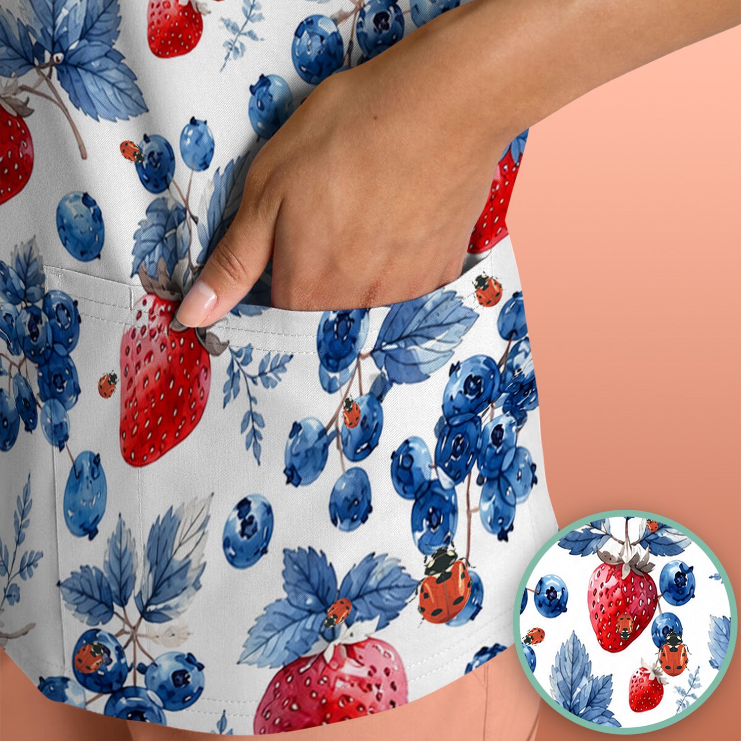 Cute Strawberry Blueberry Ladybug Pattern Scrub Top, Comfortable Scrubs for Nurses