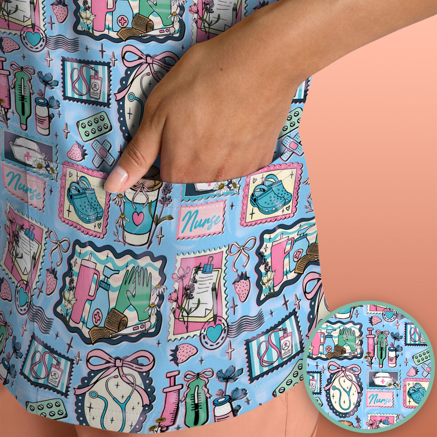Medical Tools Stethoscope Syringe Frame Scrub Top, Breathable Fabrics Nursing Uniform