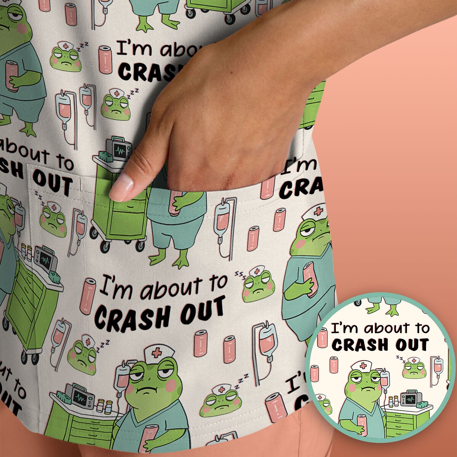 Funny Frog Pattern Nurse Scrub Top, I’m About to Crash Out Nurse Shirt, Breathable Fabrics Nursing Uniform