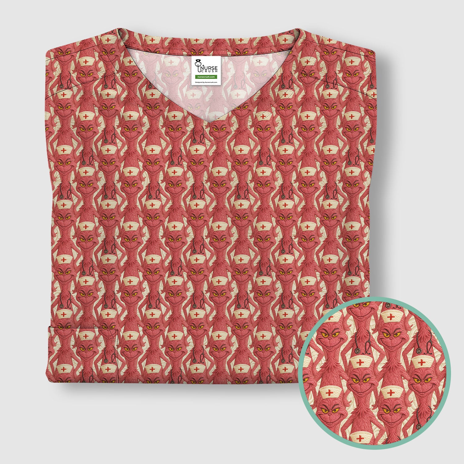 Funny Red Grinch Nurse Scrub Top - Cartoon Grinch Pattern Scrub Shirt Multi Color - Cute Christmas Holiday Nursing Workwear
