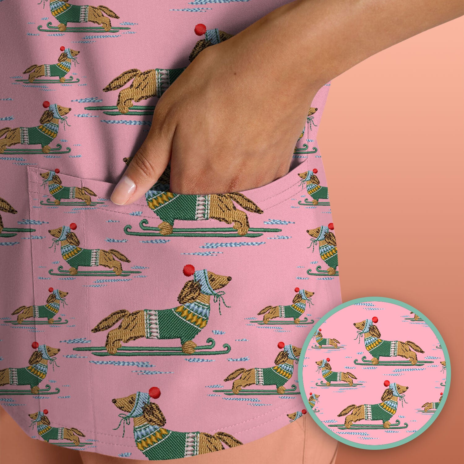Dachshund Nurse Scrub Top, Wiener Dog Winter Pattern Shirt, Breathable Fabrics Nursing Uniform