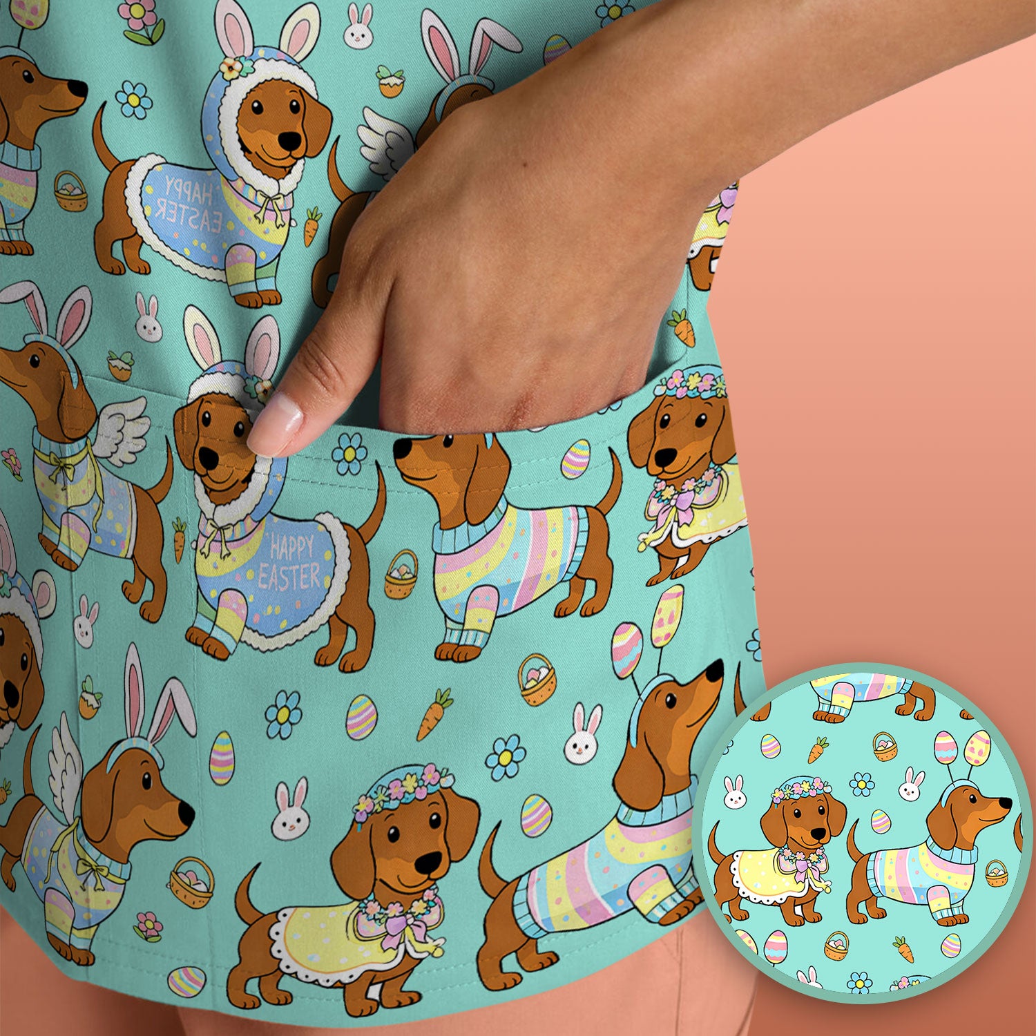 Easter Dachshund Bunny Print Scrub Top, Breathable Fabrics Nursing Uniform
