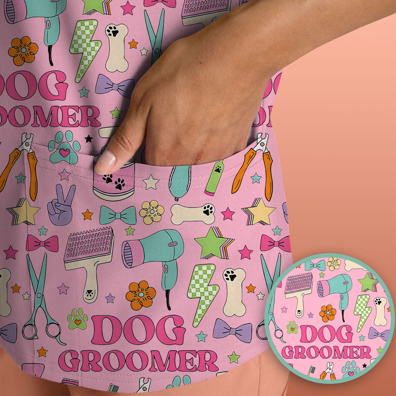 Dog Groomer Tools Pattern Nursing Scrub Top, Comfortable Scrubs for Nurses