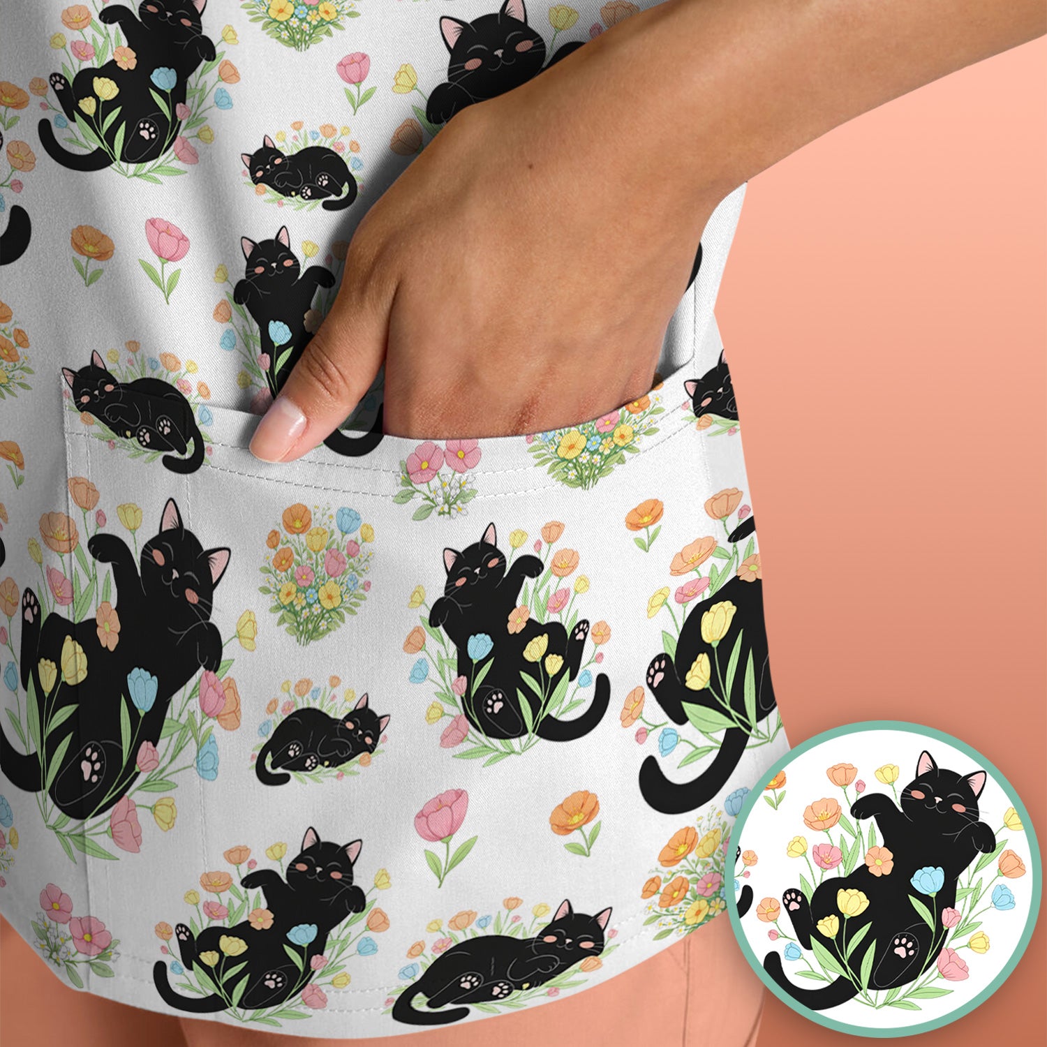 Cats With Cute Poses Floral Pattern Scrubs Top, Comfortable Scrubs for Nurses