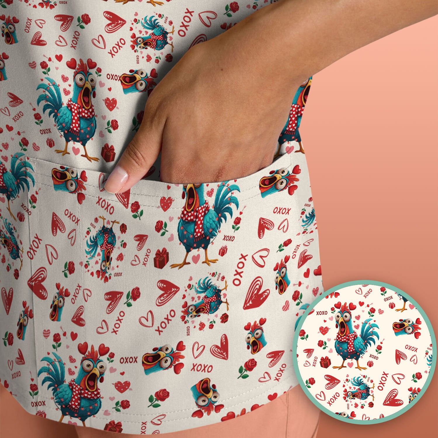 Funny Rooster Valentine Scrub Top, Cute Chicken XOXO Heart Pattern Nurse Shirt, Breathable Fabrics Nursing Uniform