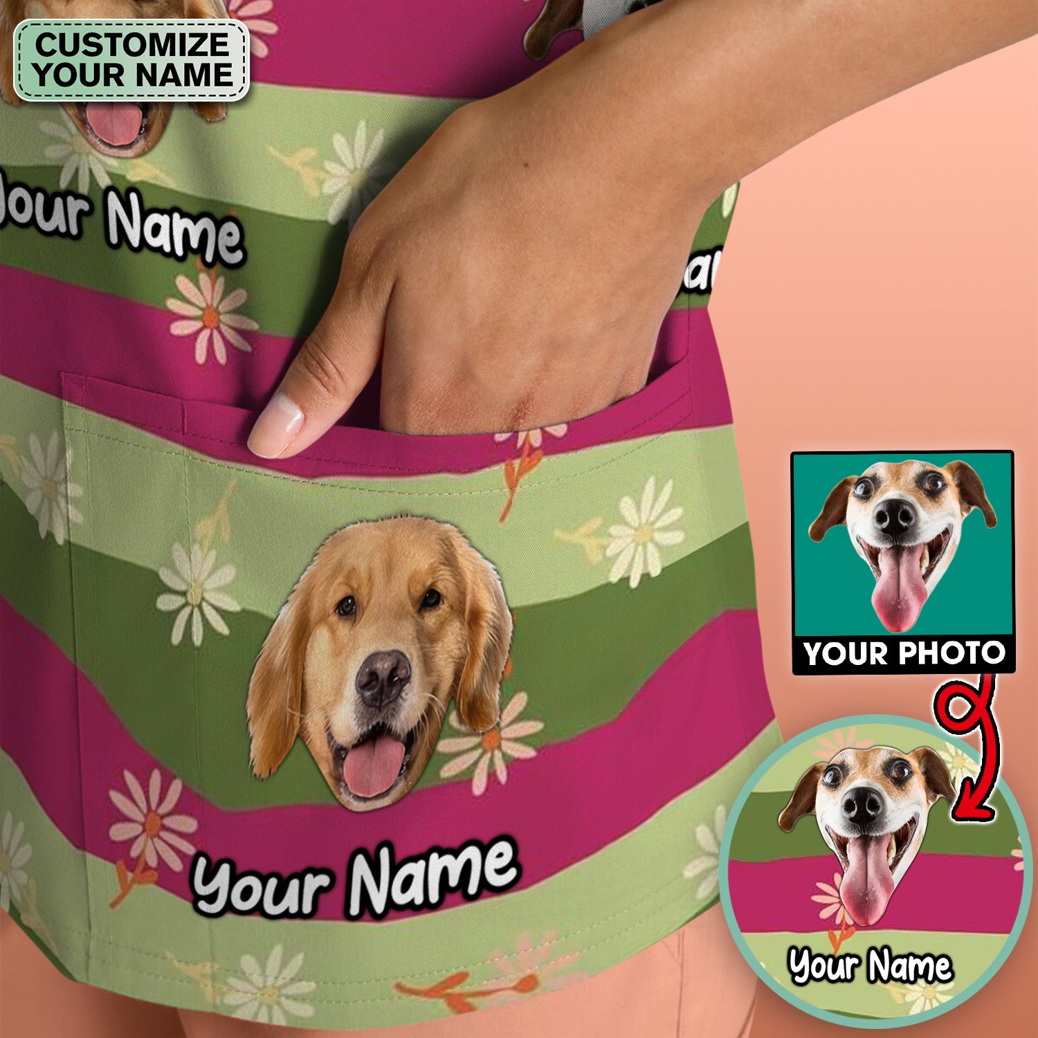 Personalized Floral Dog Portrait With Spring Stripes Pattern Scrub Top, Comfortable Scrubs for Nurses