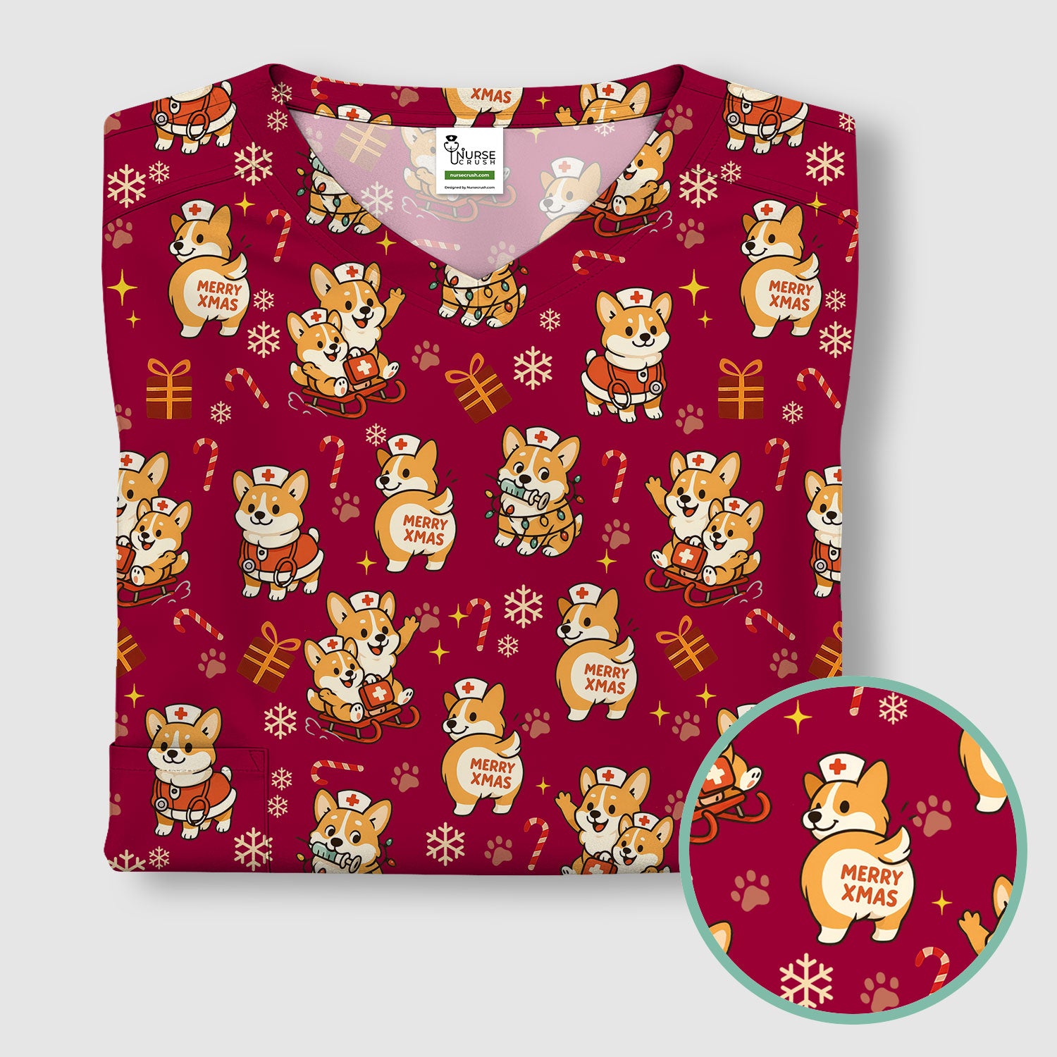 Cute Corgi Dog Scrubs for Christmas - Festive Puppy Pattern Medical Scrub Top - Holiday Christmas Scrubs with Charming Corgi Print