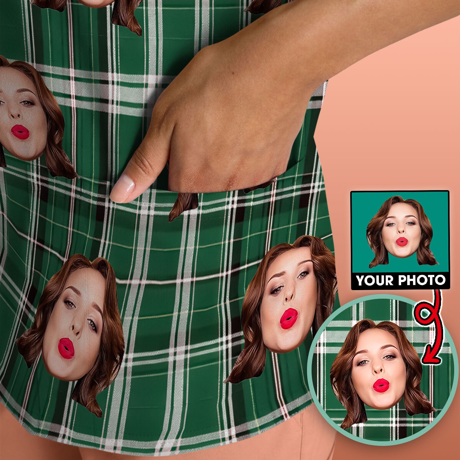 Personalized Funny Face Plaid Scrub Top, Custom Photo Pattern Medical Shirt, Breathable Fabrics Nursing Uniform