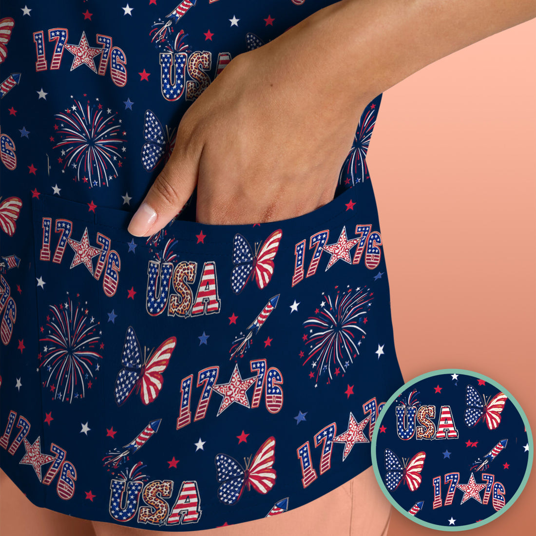 USA Fireworks Butterfly Pattern Scrub Top, Comfortable Scrubs for Nurses