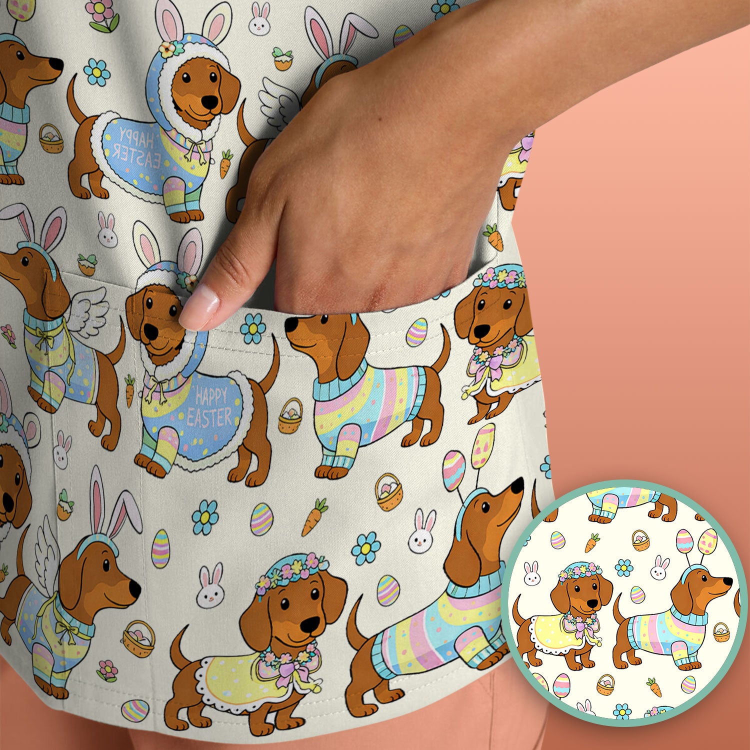 Easter Dachshund Bunny Print Scrub Top, Breathable Fabrics Nursing Uniform