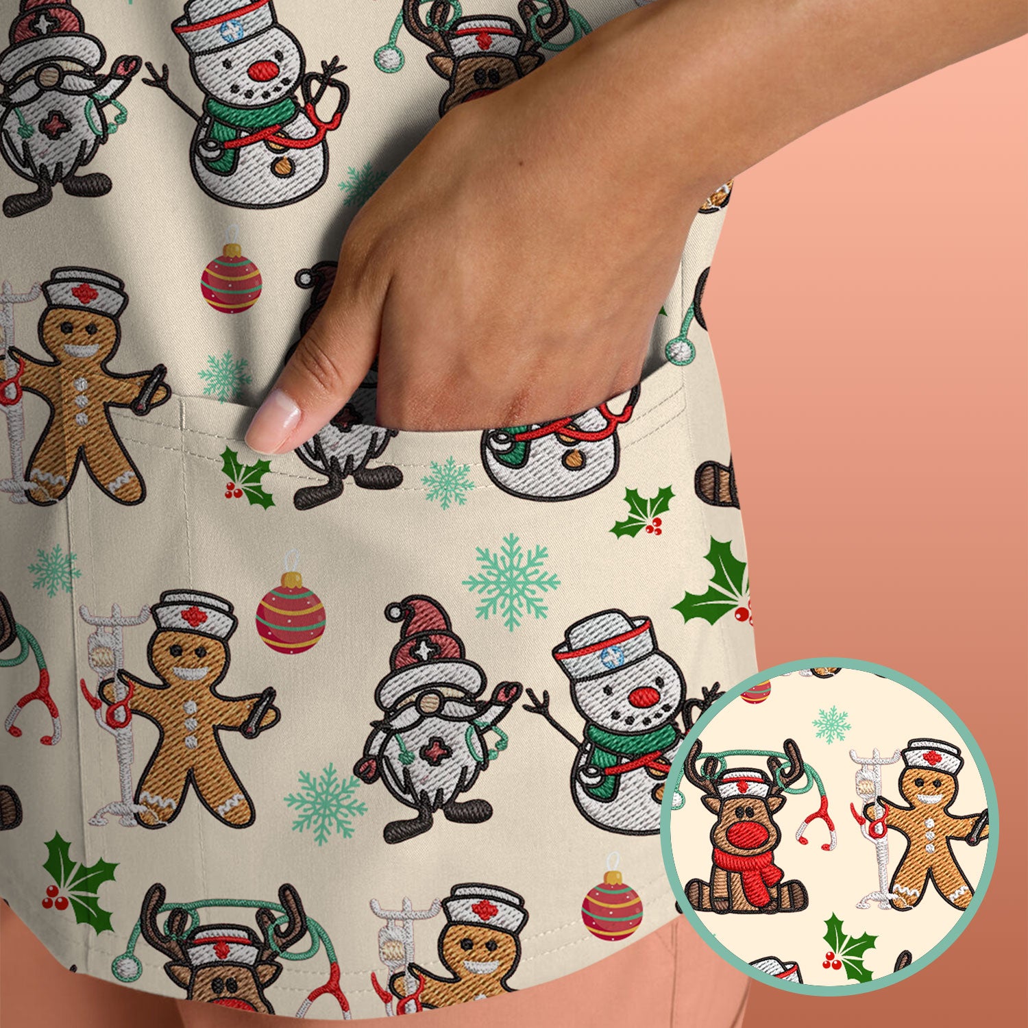 Christmas Gingerbread Scrubs for Women - Comfortable Scrubs for Nurses - Reindeer Santa Med Shirt - Breathable Fabrics Nursing Uniform