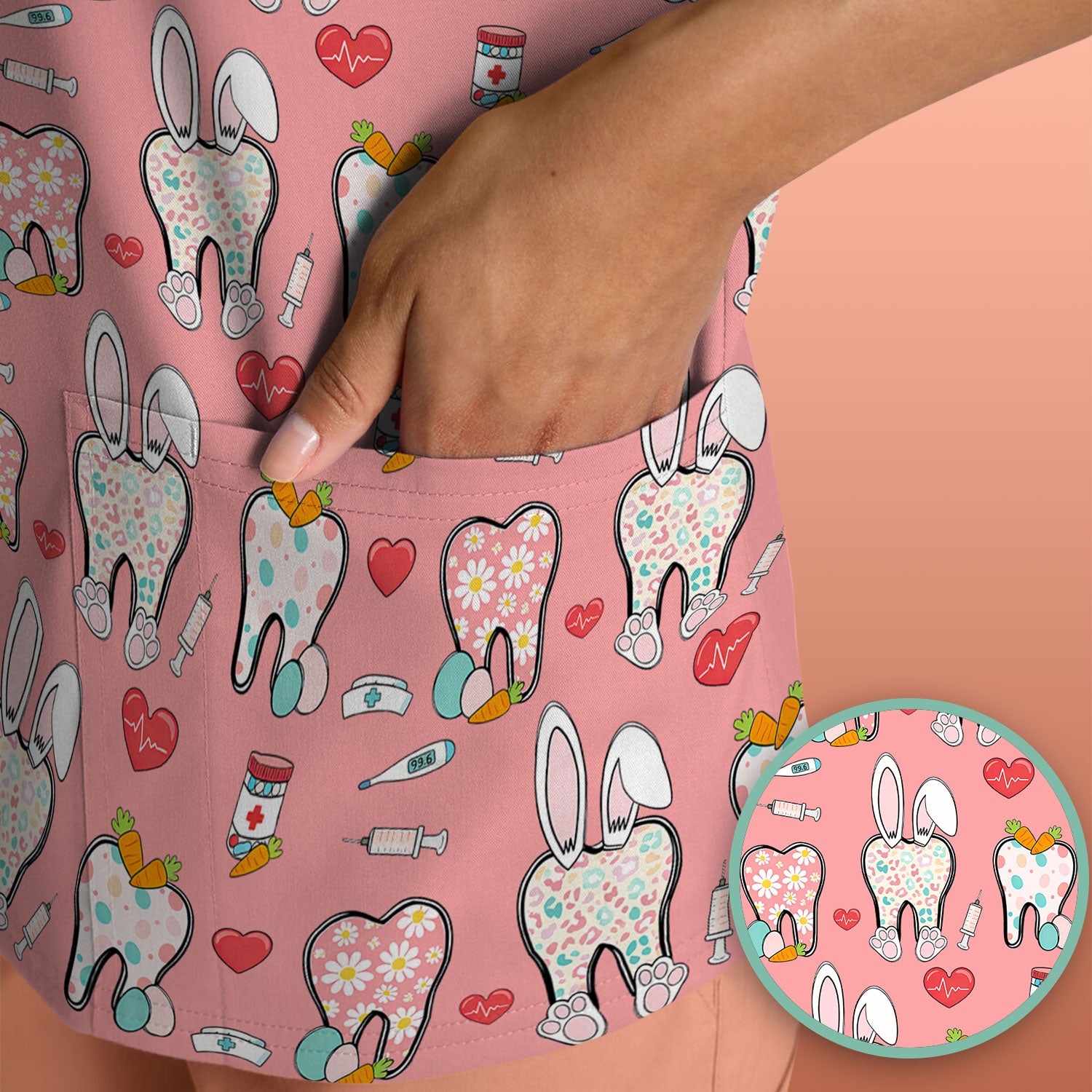 Playful Bunny Dentist Illustration Medical Scrub Top, Comfortable Scrubs for Nurses, Easter