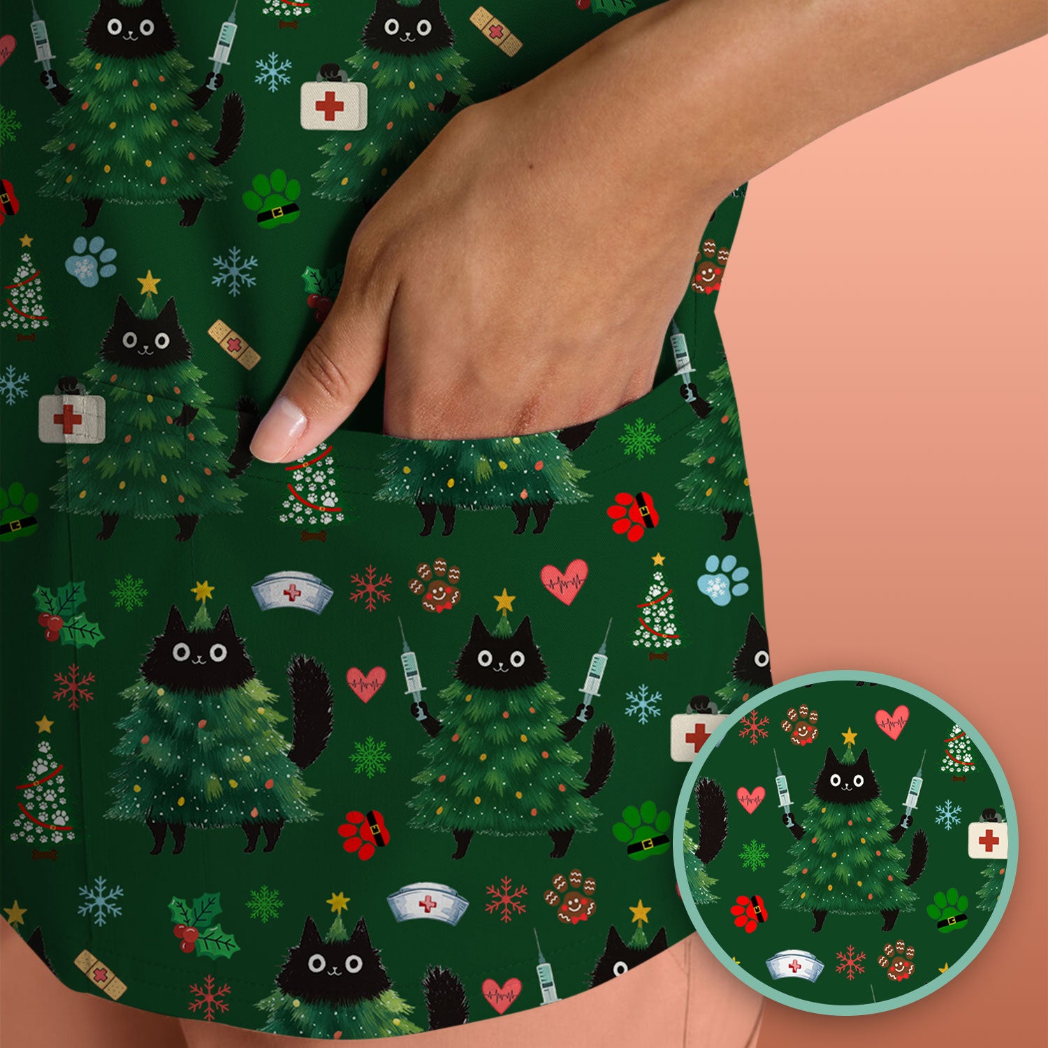 Christmas Nurse Scrub Top, Xmas Black Cat Pattern Nurse Shirt,  Breathable Fabrics Nursing Uniform