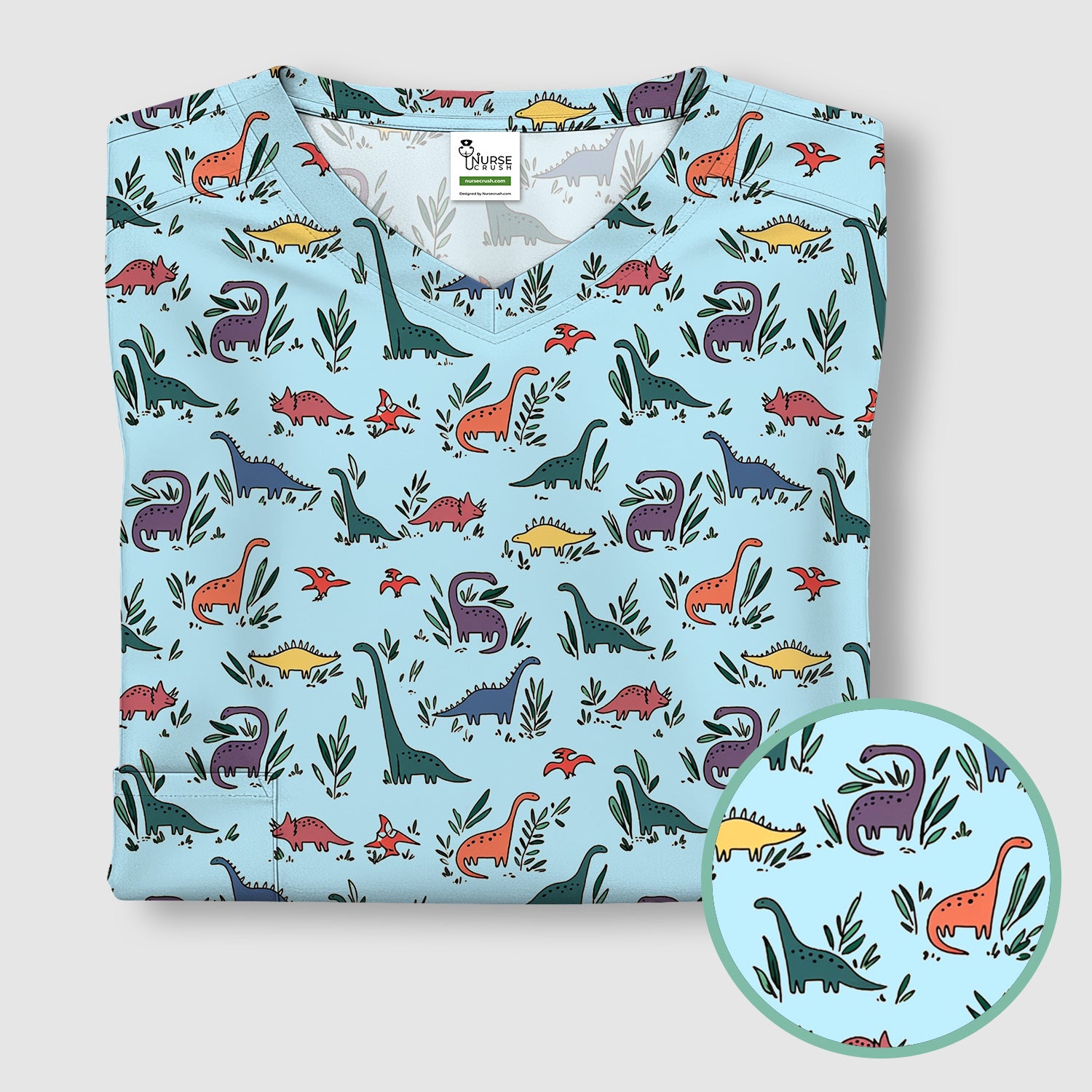 Cute Dinosaur Leafy Garden Pattern Scrub Top, Comfortable Scrubs for Nurses