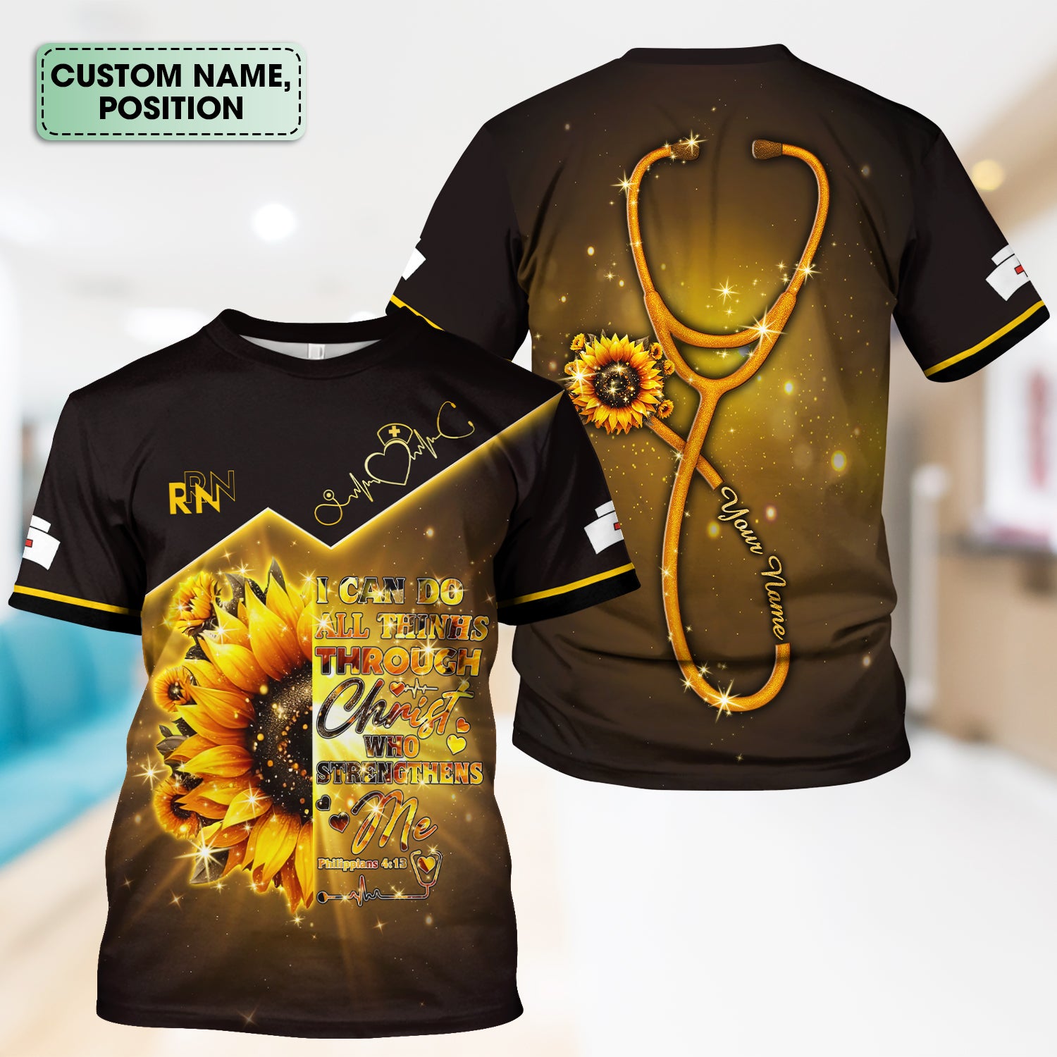Custom Faith Nurse Scrub Top - All Things Through Christ Bible Verse - Christian Nurses RN LPN CNA Gift