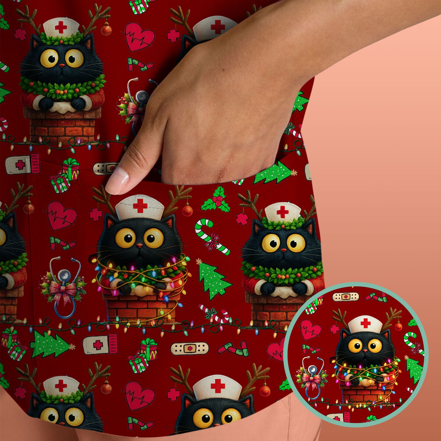 Christmas Black Cat Scrub Top for Nurse - Cute Reindeer Cat with Xmas Lights - Festive Holiday Medical Uniform for Women