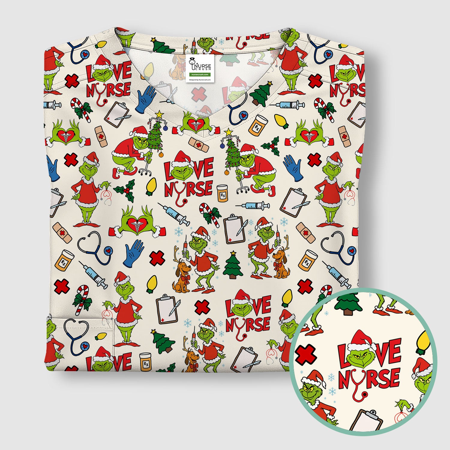 Grinch Nurse Scrub Shirt Multi Colors - Love Nurse Christmas Scrub Top - Funny Holiday Nursing Workwear with Pockets
