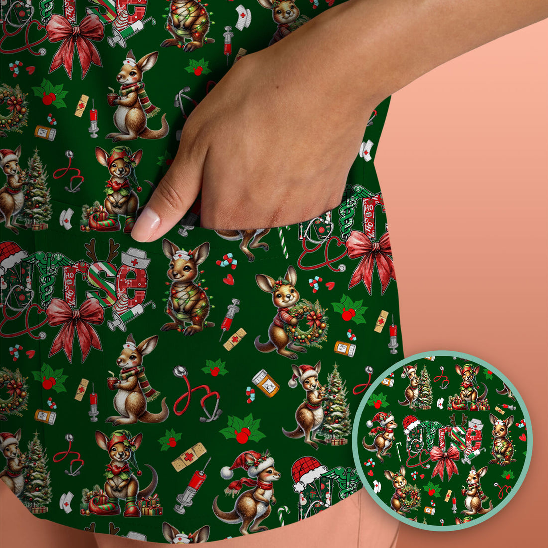 Whimsical Kangaroo Christmas Scrub Top – Festive Australian Animals Holiday Pattern – Cute Medical Uniform for Nurses, Vets & Healthcare Workers