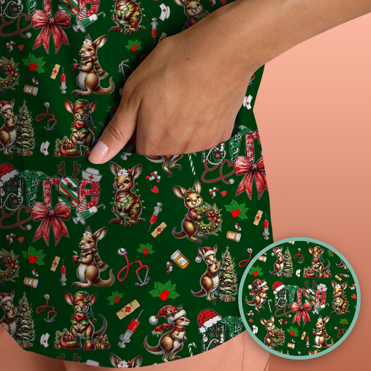 Whimsical Kangaroo Christmas Scrub Top – Festive Australian Animals Holiday Pattern – Cute Medical Uniform for Nurses, Vets & Healthcare Workers