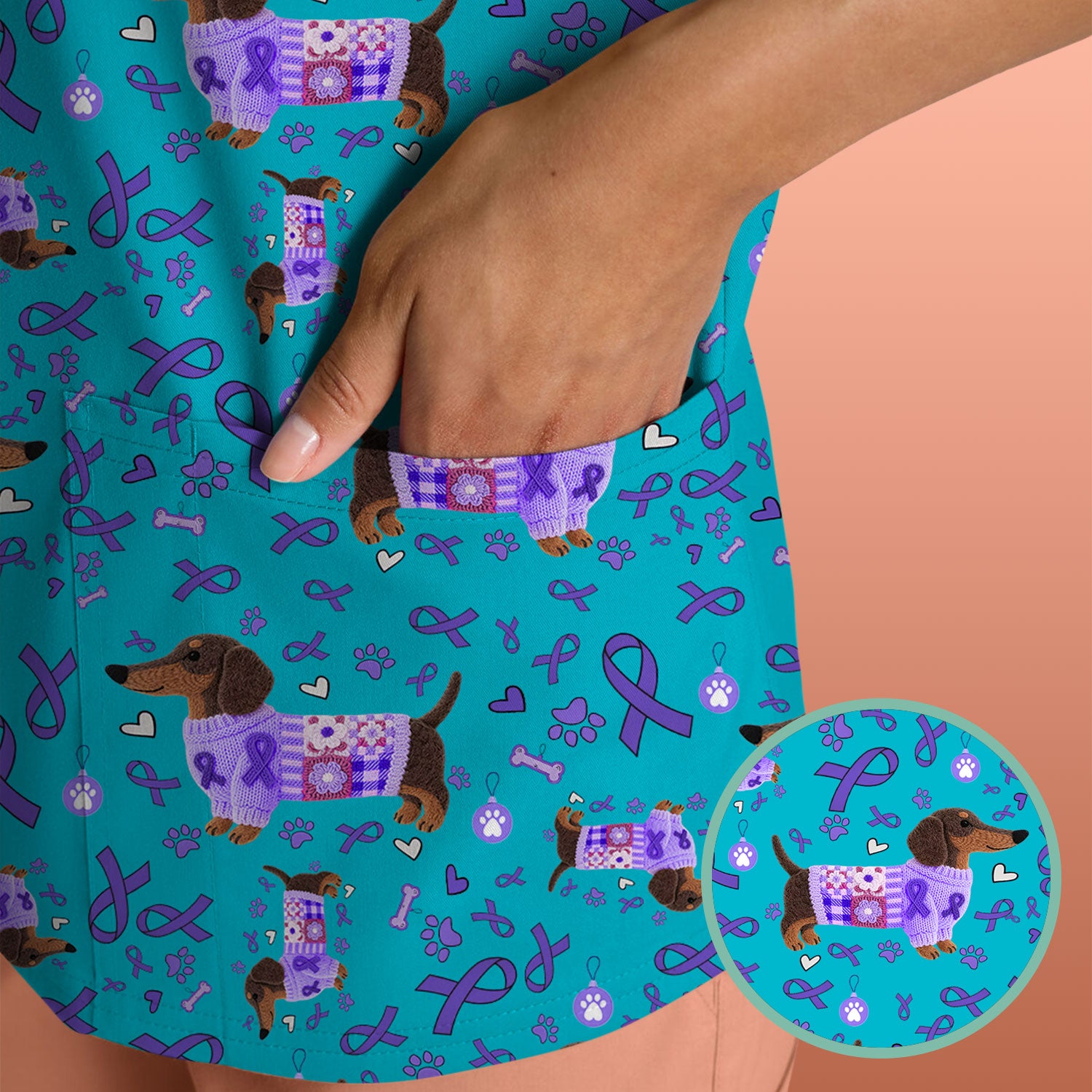 Wiener Dog Purple Ribbon Cancer Awareness Scrub - Breathable Fabrics Nursing Uniform - Comfortable Scrubs for Nurses