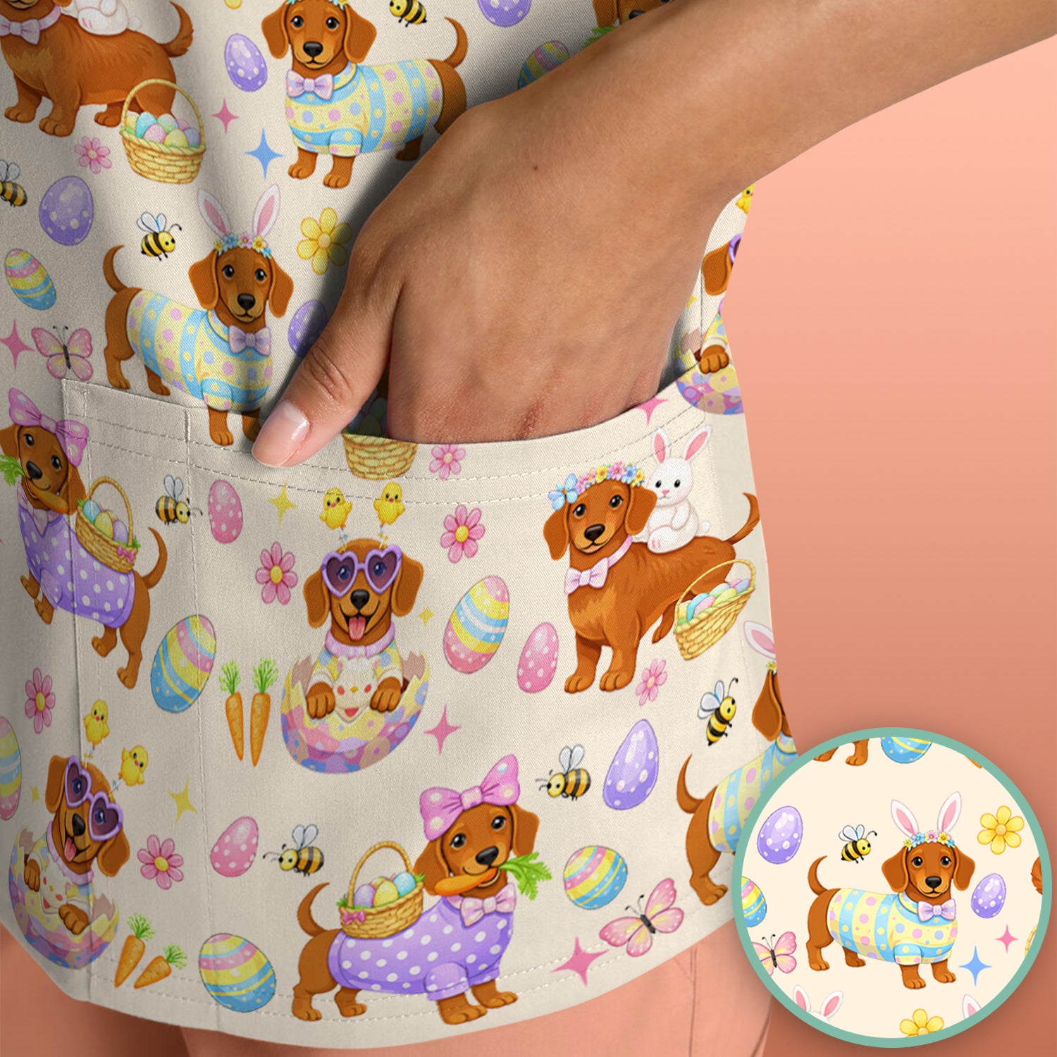 Cute Easter Dachshund Dog Pattern Scrub Top, Breathable Healthcare Uniform Top
