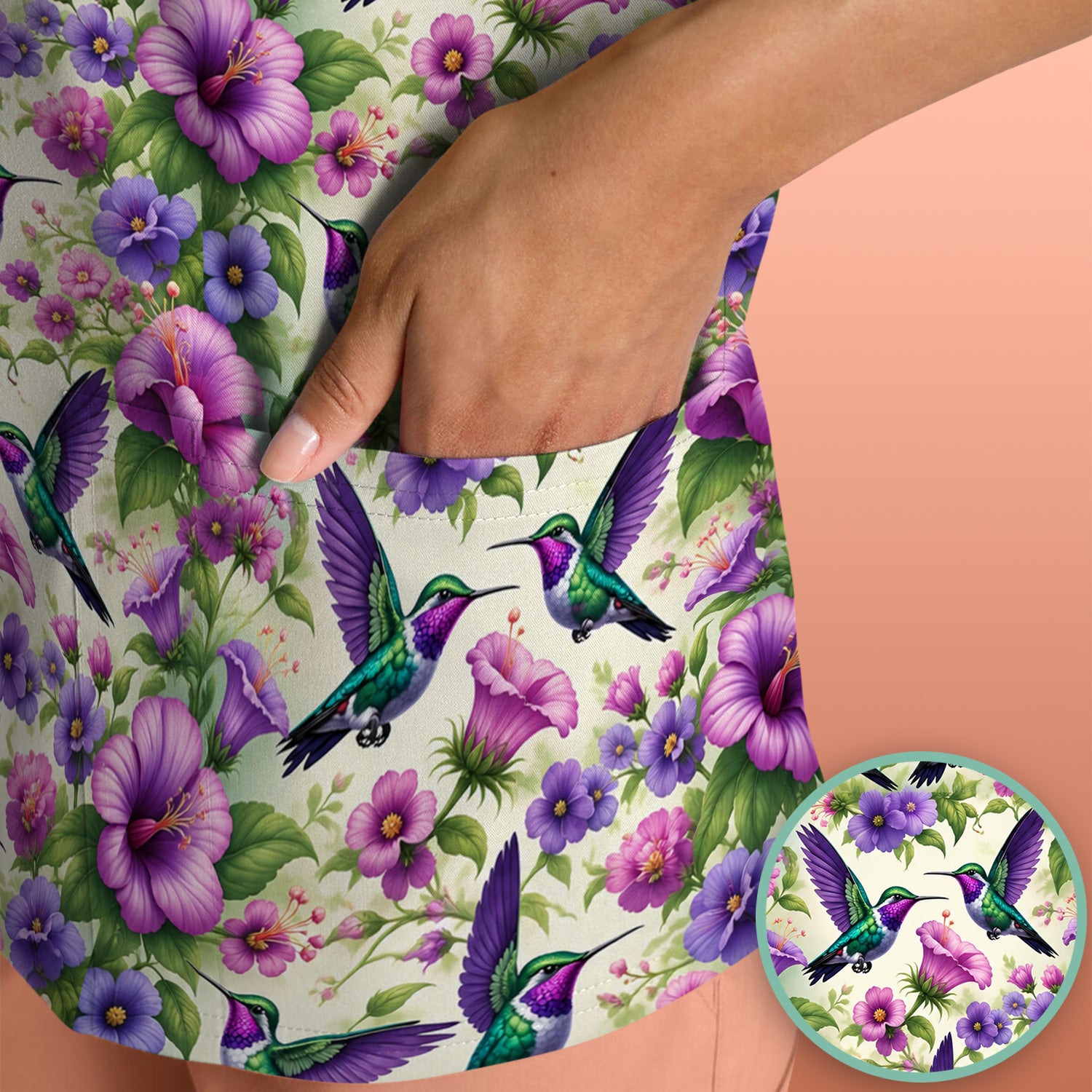 Purple Hummingbird Hibiscus Floral Pattern Scrub Top, Comfortable Scrubs for Nurses