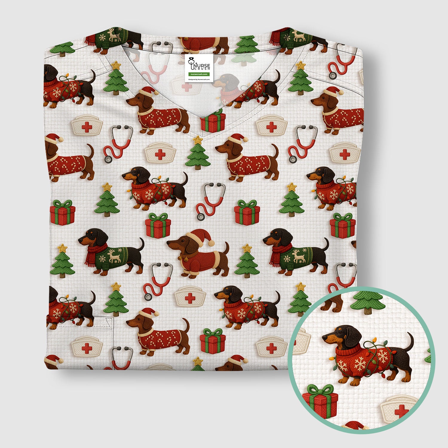 Custom Nurse Scrubs for Women - Dachshund Dog Christmas Print with Gifts & Holiday Tree - Multi Color Nursing Shirt Gift Idea