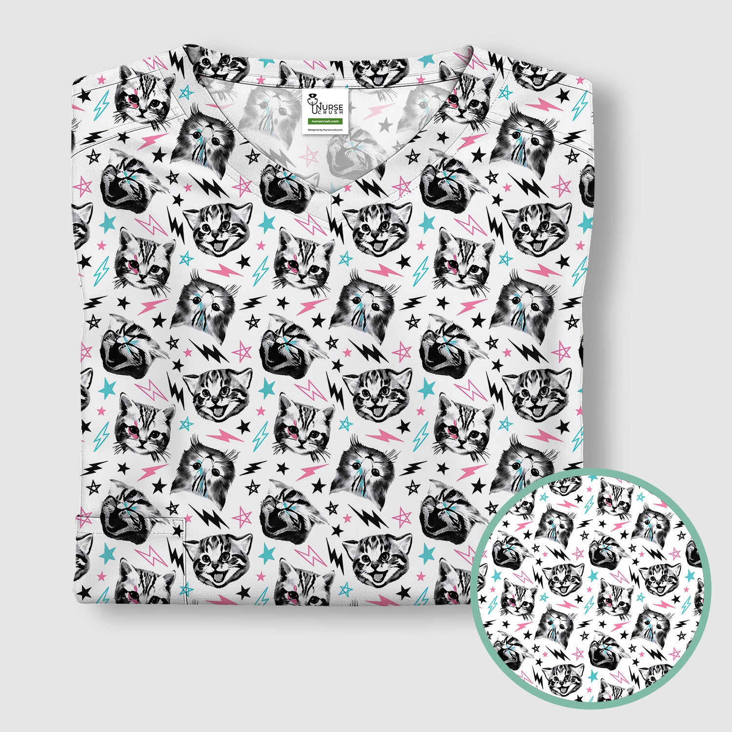 Playful Cat Faces Lightning Pattern Scrub Top, Comfortable Scrubs for Nurses