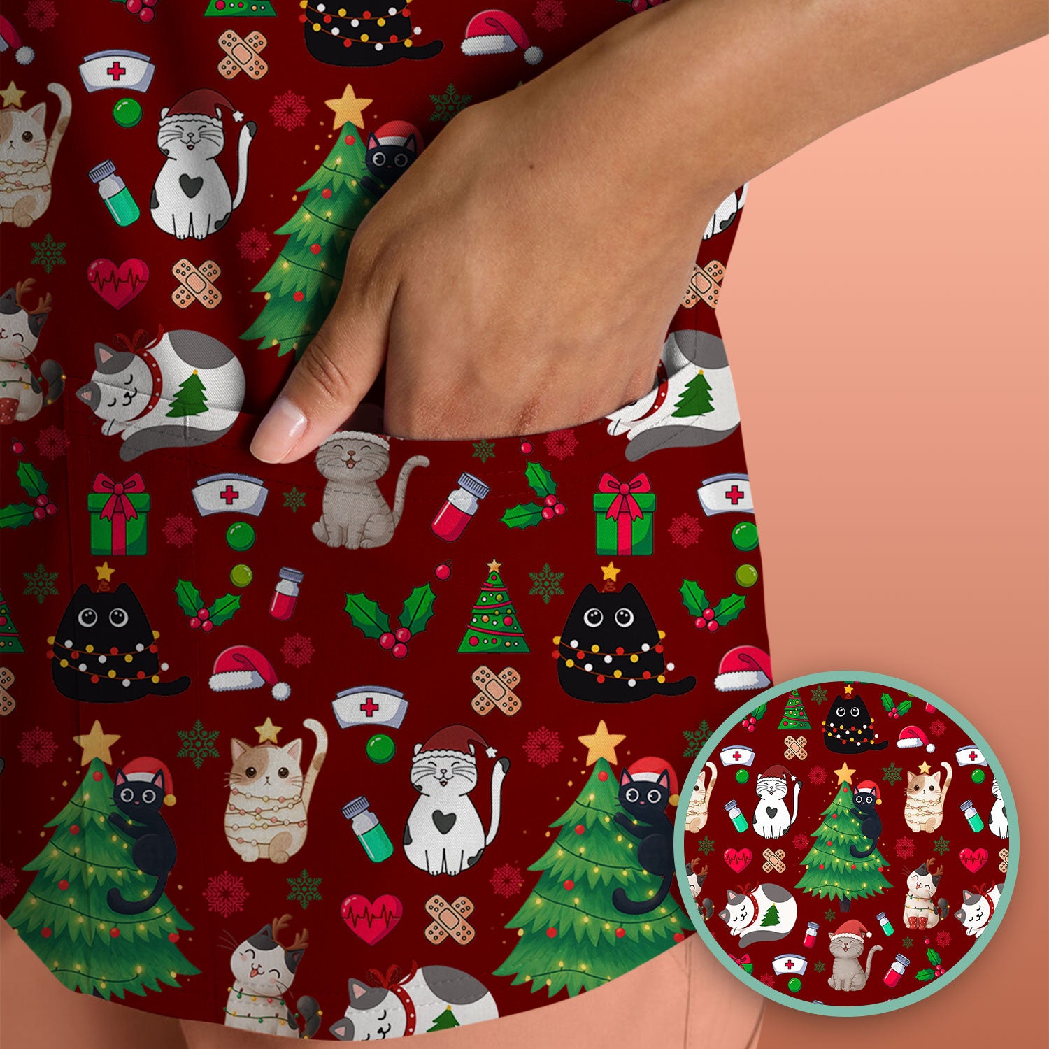Christmas Cat Scrub Top, Xmas Pet Pattern Scrub Shirt, Breathable Fabrics Nursing Uniform