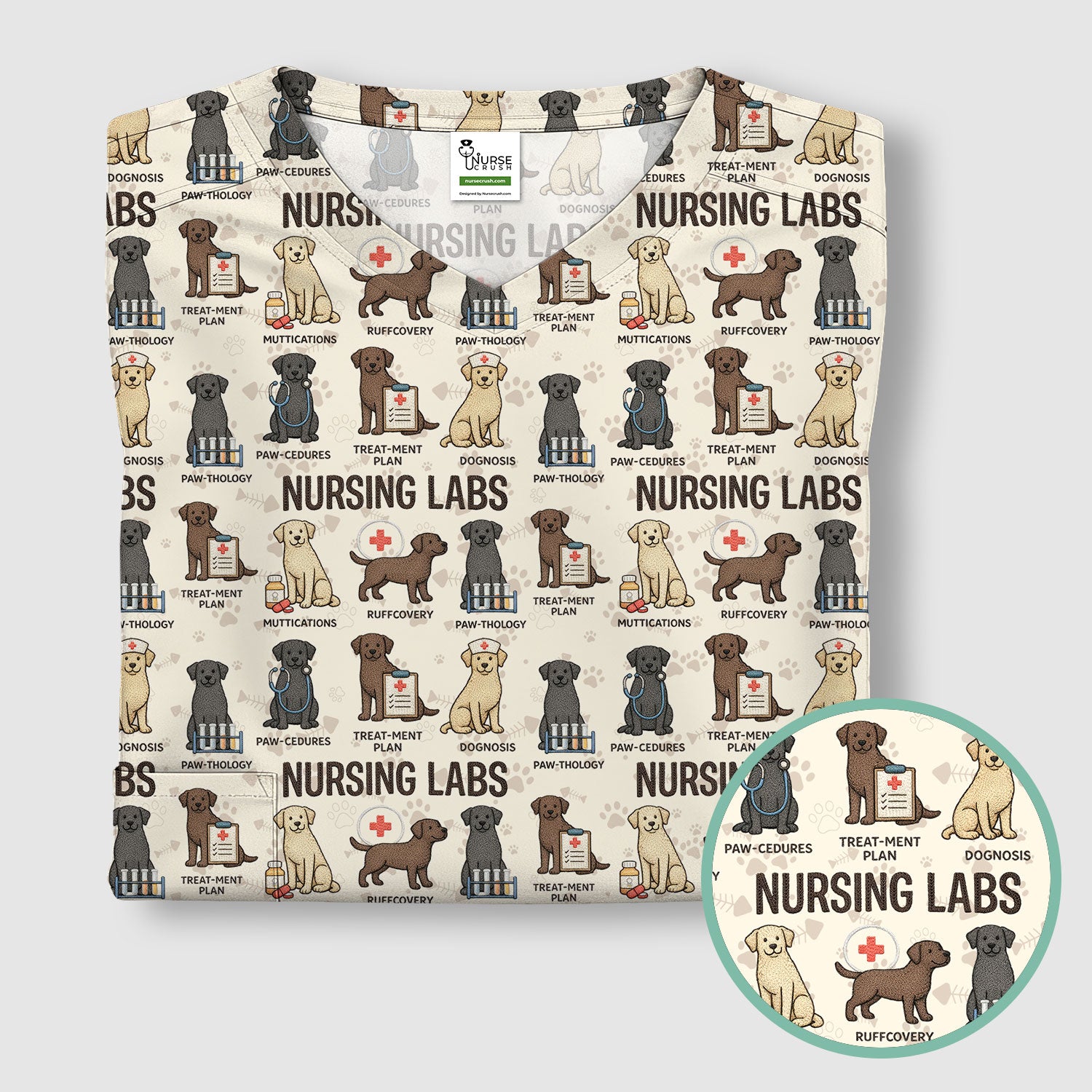 Playful Nursing Labs Dog Pattern Scrub Top, Comfortable Scrubs for Nurses