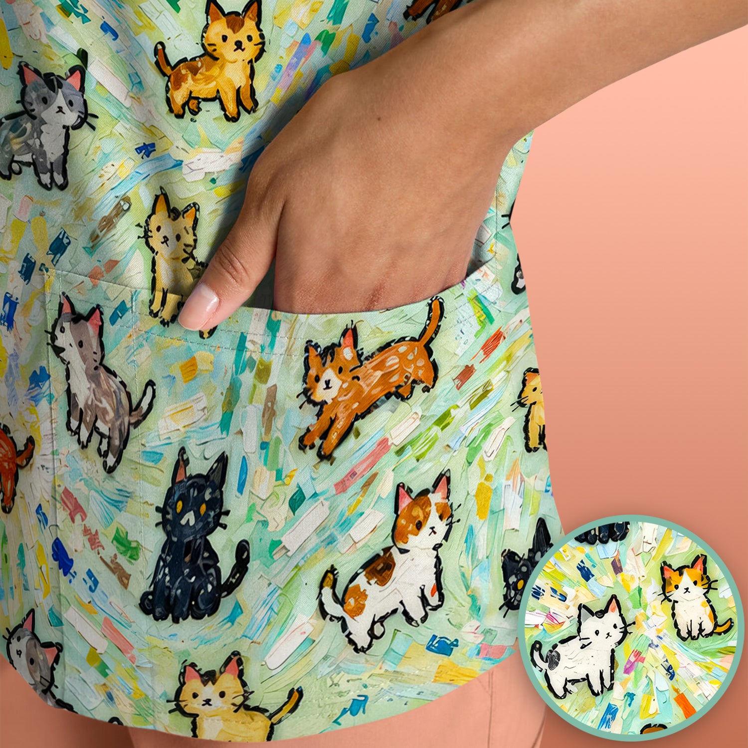 Colorful Cats Dogs Doodle Pattern Scrub Top, Comfortable Scrubs for Nurses