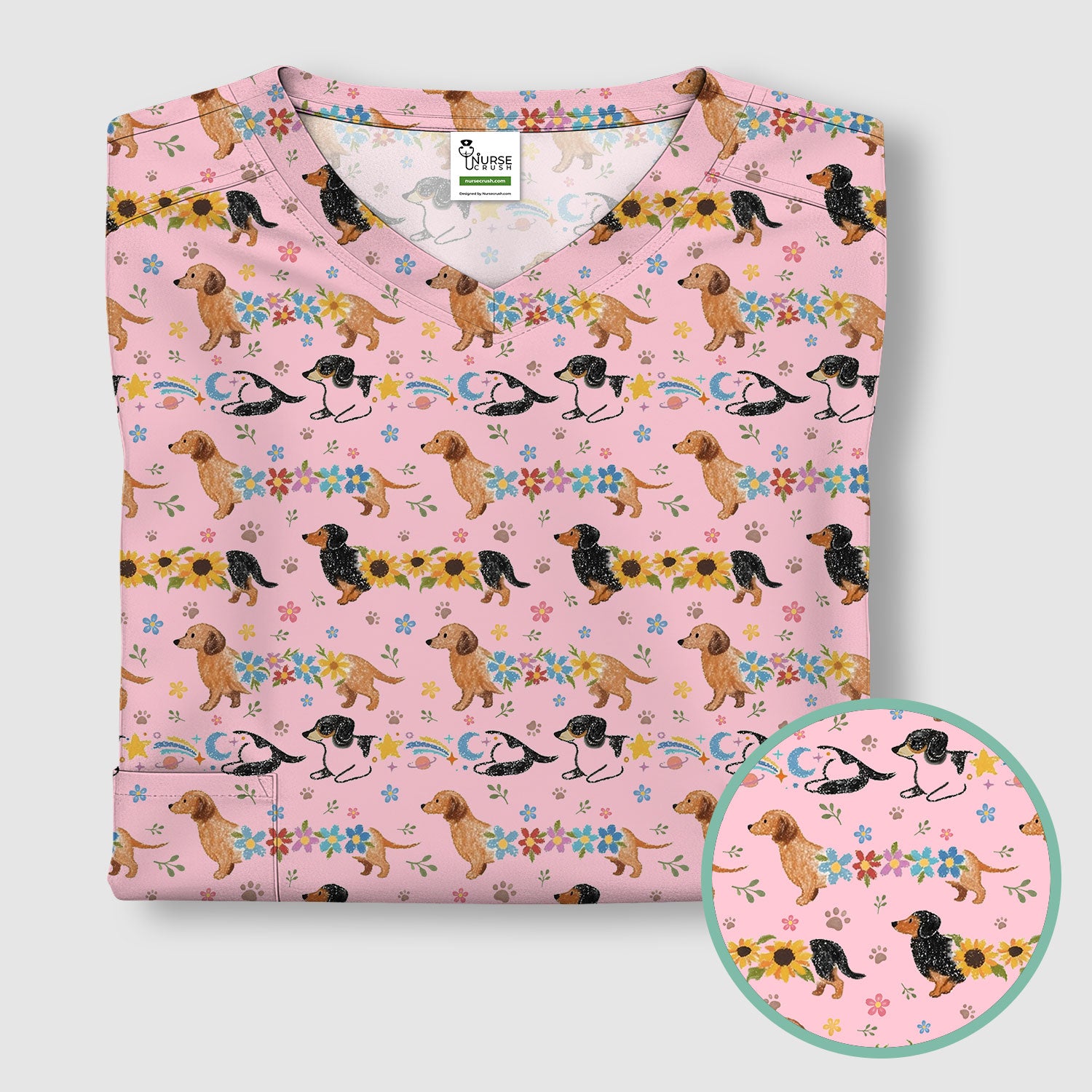 Floral Wiener Dog Pattern Scrub Top, Medical Scrubs for Nurses
