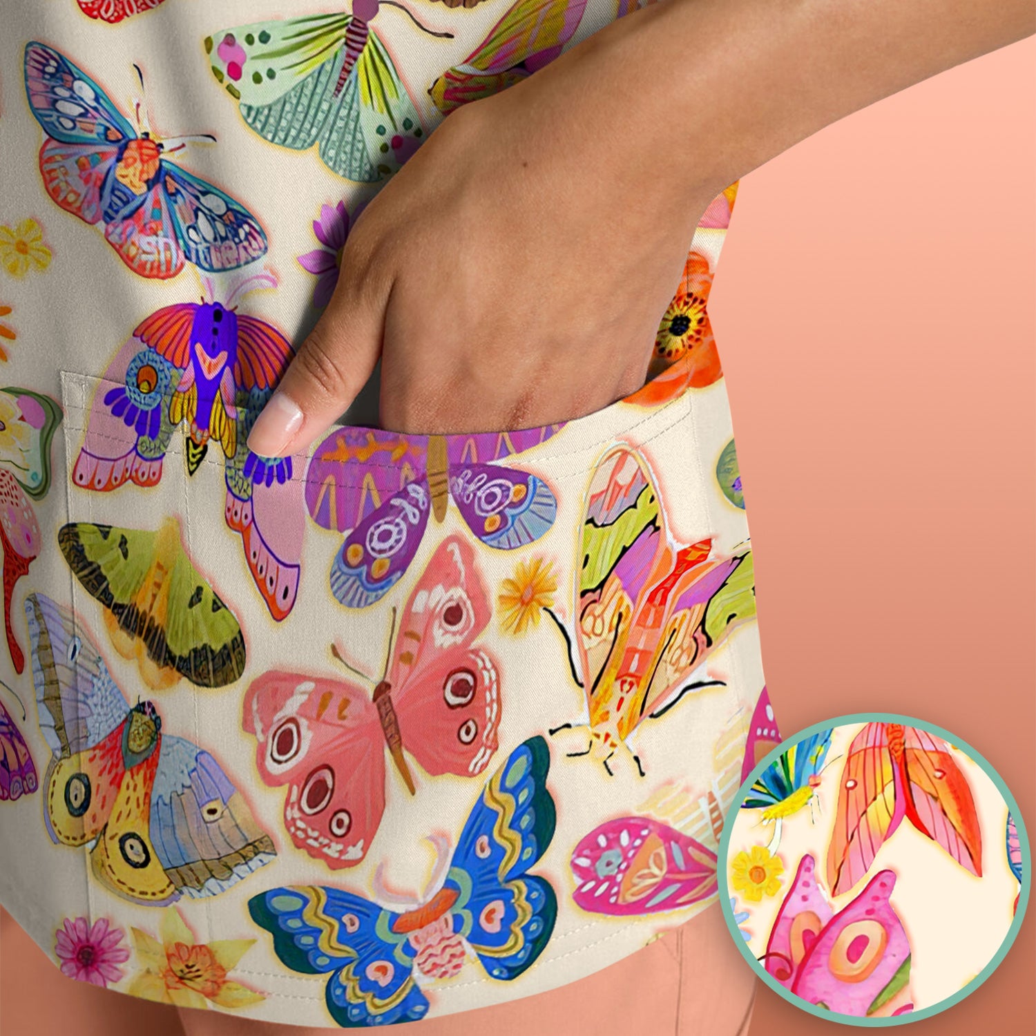 Colorful Butterfly Floral Pattern Scrub Top, Comfortable Scrubs for Nurses