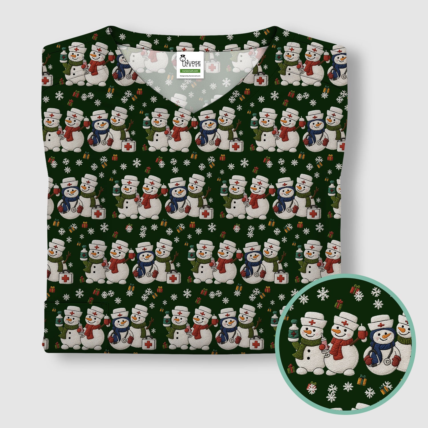 Cute Christmas Snowman Nurse Pattern Scrub Top, Breathable Fabrics Nursing Uniform