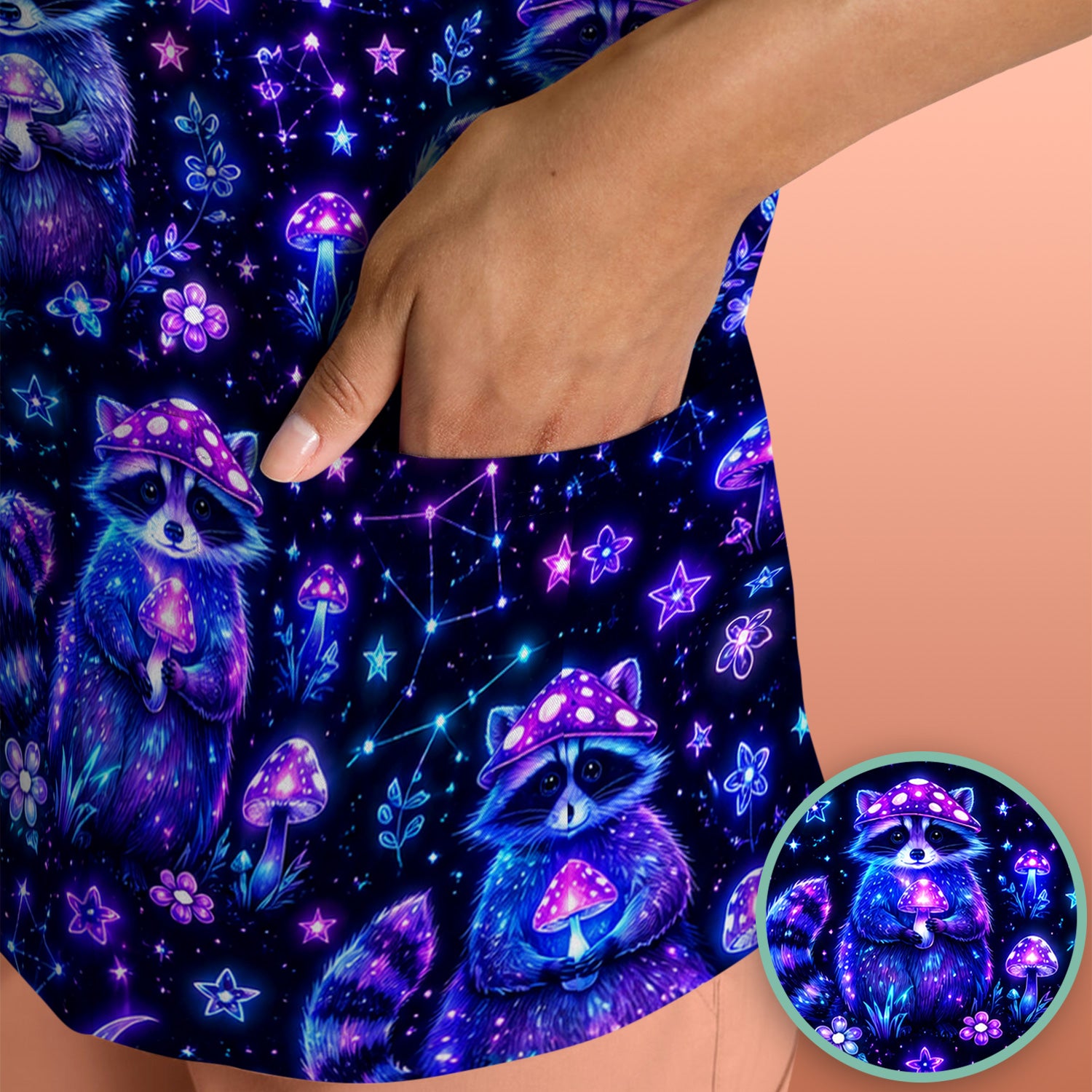 Neon Mushroom Raccoon Nurse Scrub Top for RN, CNA, Pediatric Nurses, Galaxy Uniform