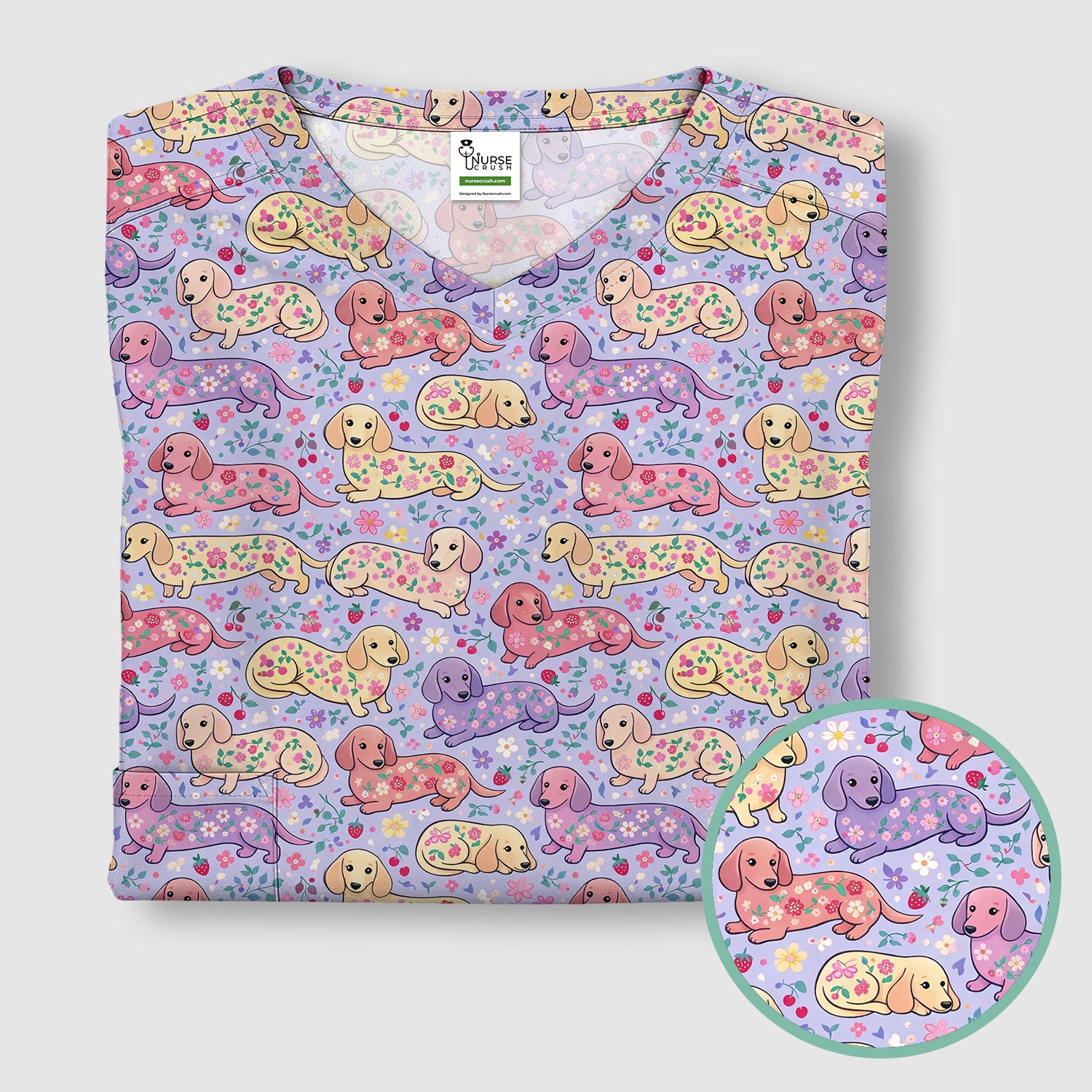 Cute Dachshund Floral Pattern Scrub Top, Comfortable Scrubs For Nurses
