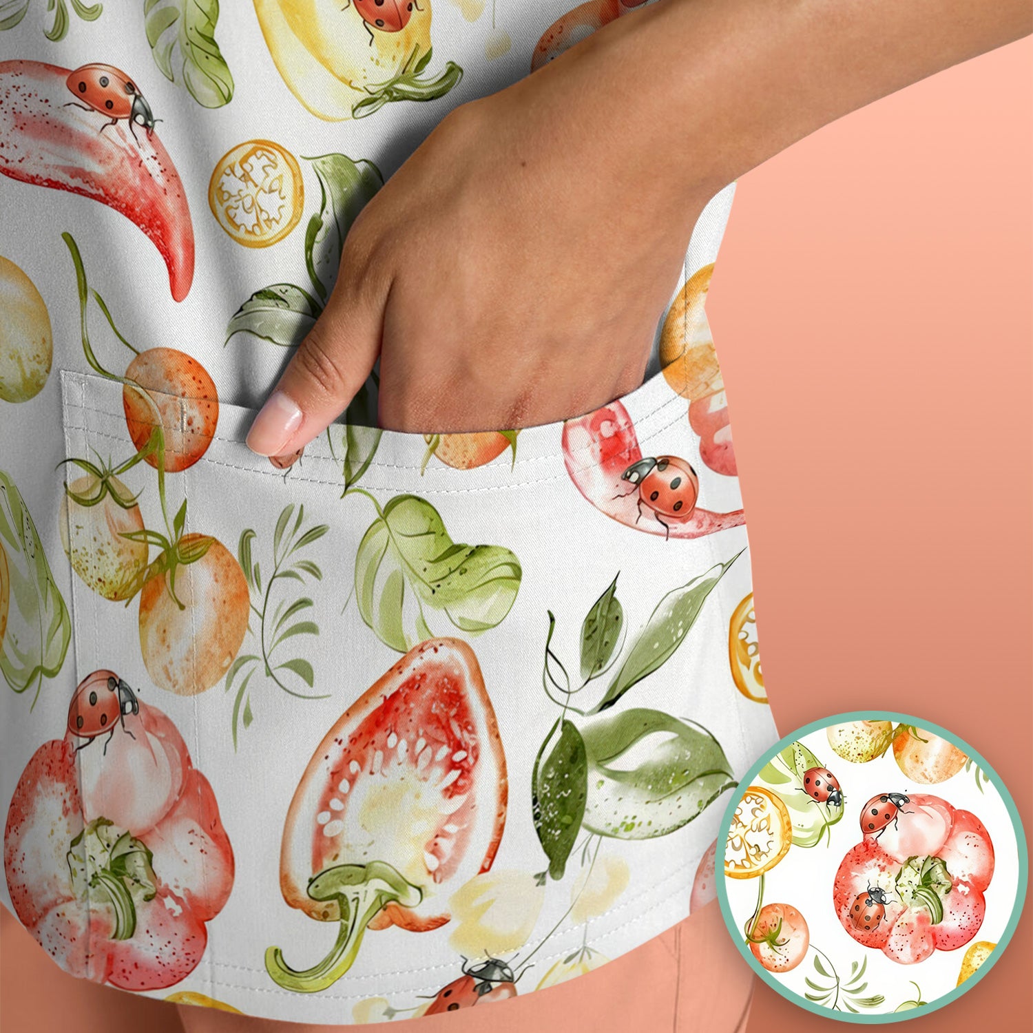 Cute Watercolor Veggie Ladybug Pattern Scrub Top, Comfortable Scrubs for Nurses