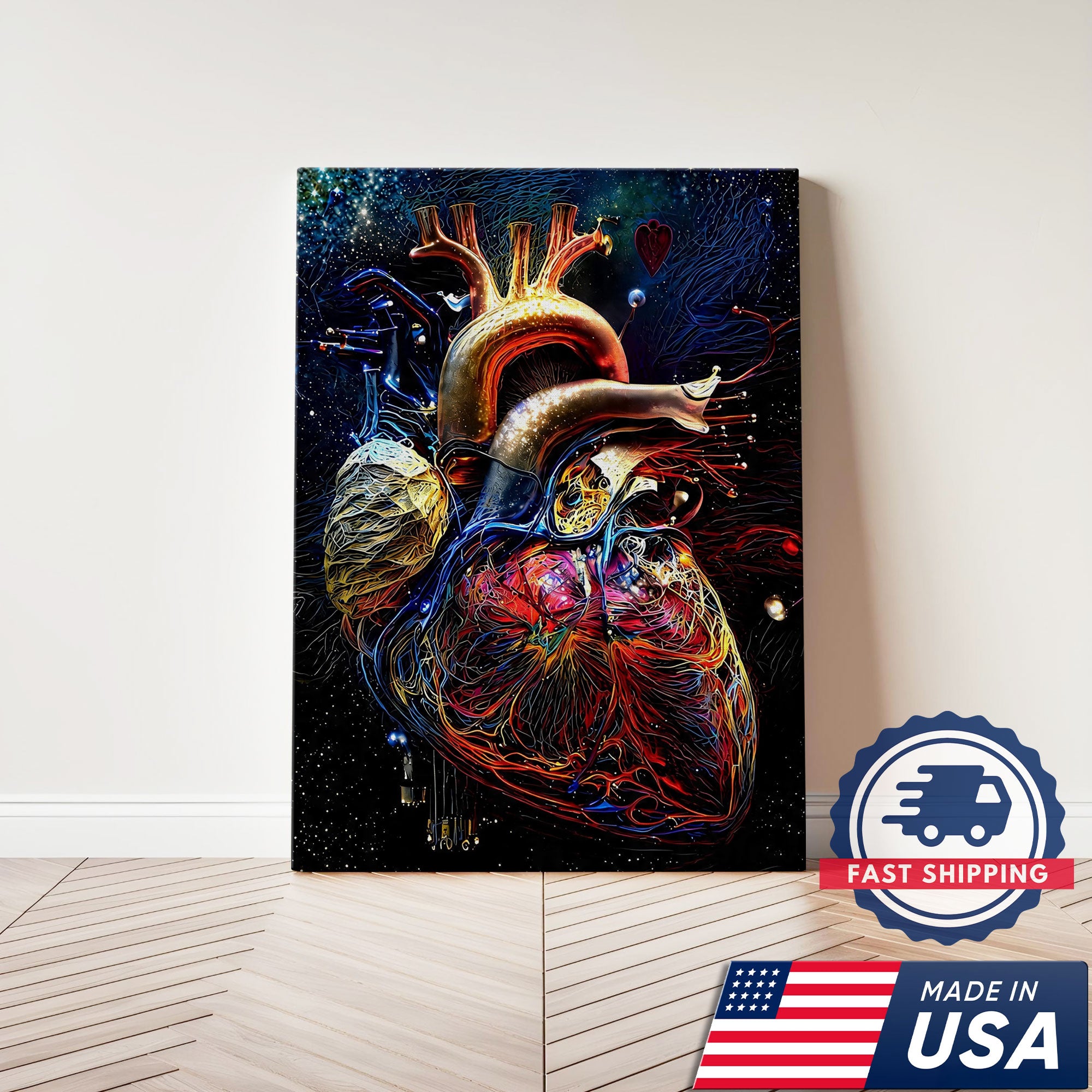 Neon Human Heart Anatomy Canvas Wall Art, Nurse Clinic Decor