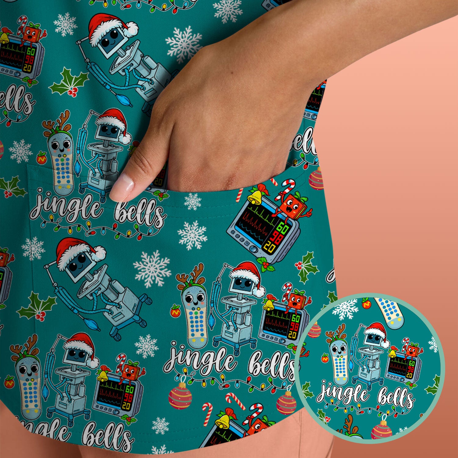 Jingle Bells Christmas Scrub Top - Funny Xmas Scrubs for Nurses - Breathable Fabrics Nursing Uniform for RN CNA LPN